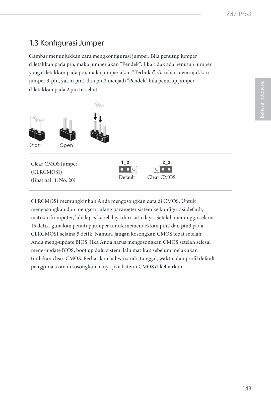 ASRock Z87 Pro3 manual Konfigurasi Jumper, Lihat hal , No 