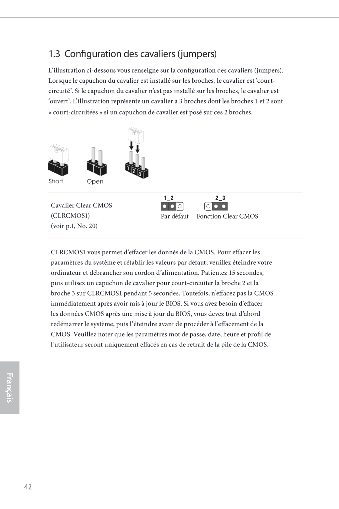 ASRock Z87 Pro3 manual Configuration des cavaliers jumpers 