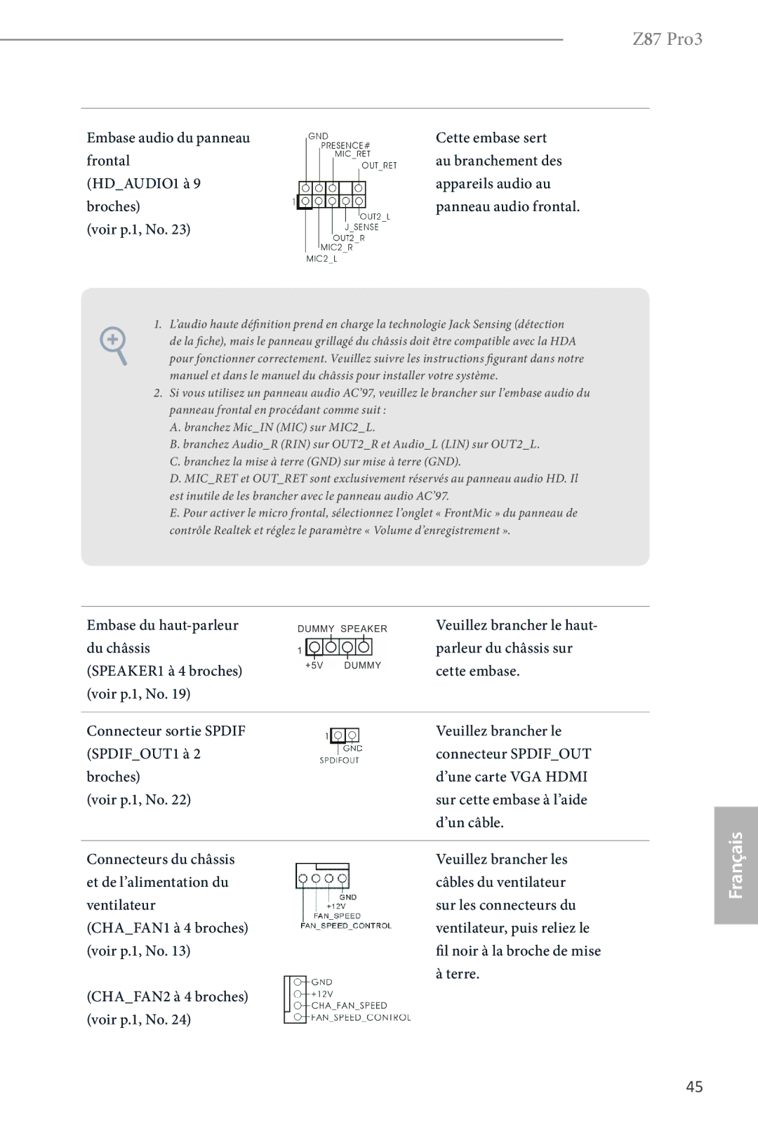 ASRock Z87 Pro3 manual Voir p.1, No, Embase du haut-parleur 