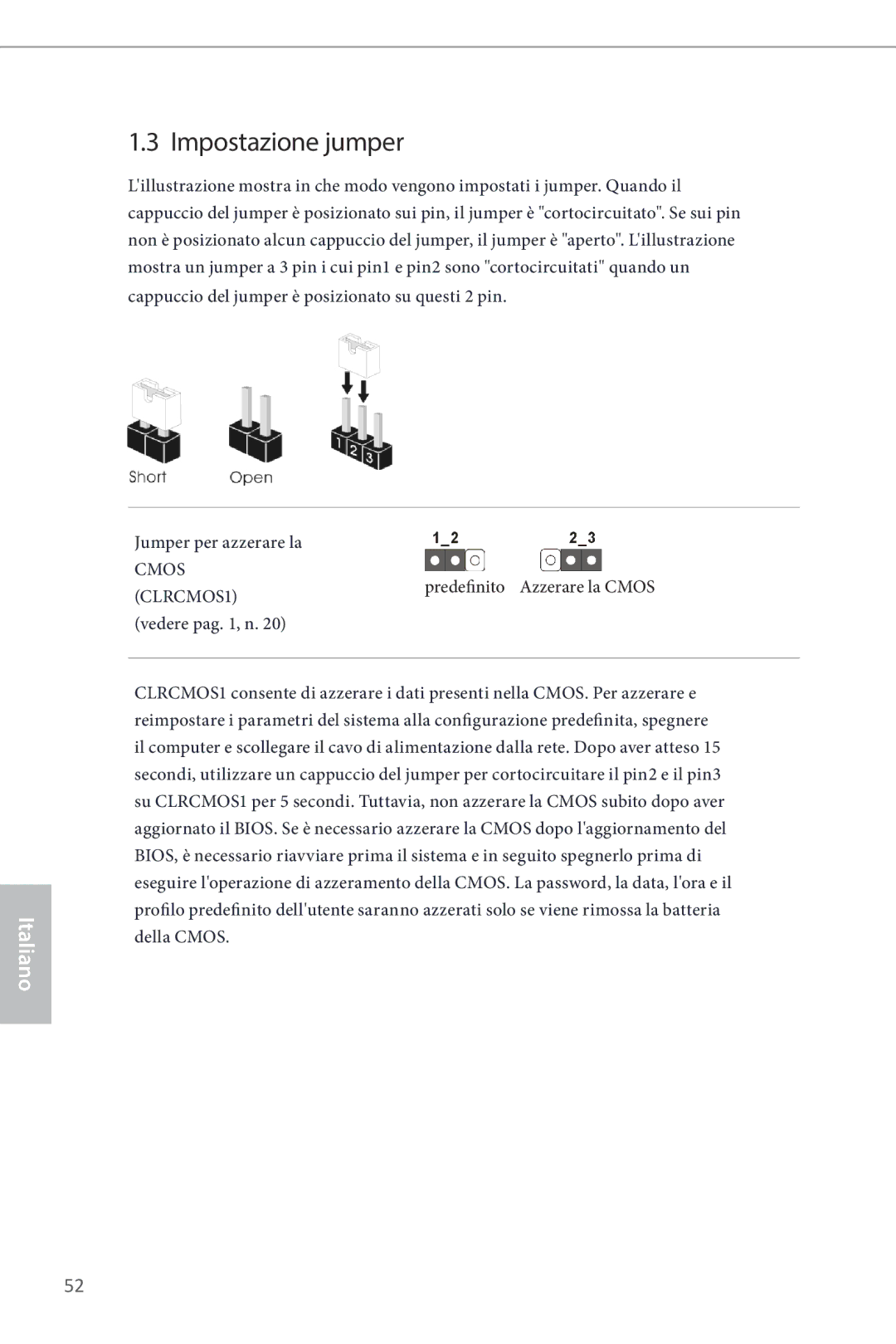 ASRock Z87 Pro3 manual Impostazione jumper, Jumper per azzerare la 