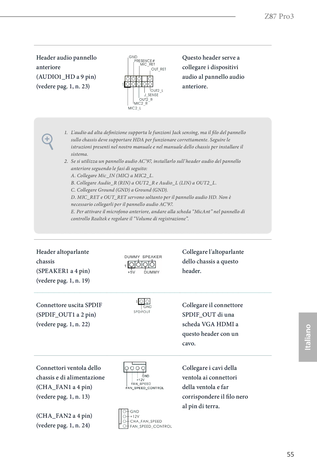 ASRock Z87 Pro3 manual Vedere pag , n Anteriore, Header altoparlante 