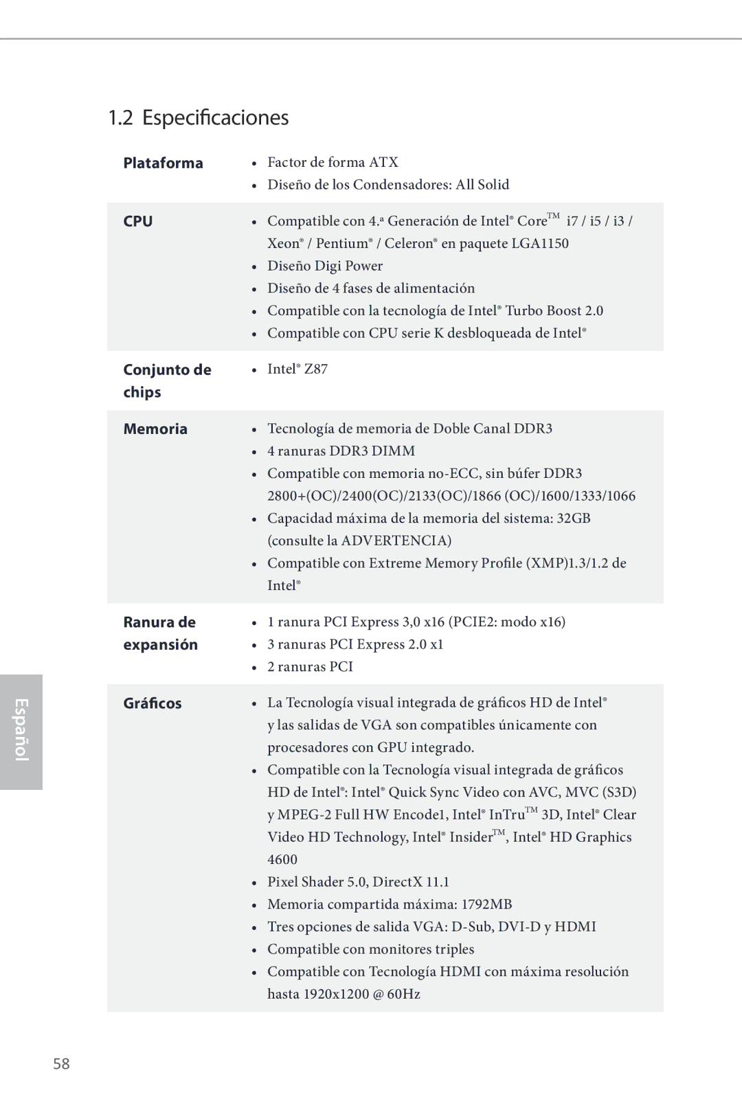 ASRock Z87 Pro3 manual Especificaciones 