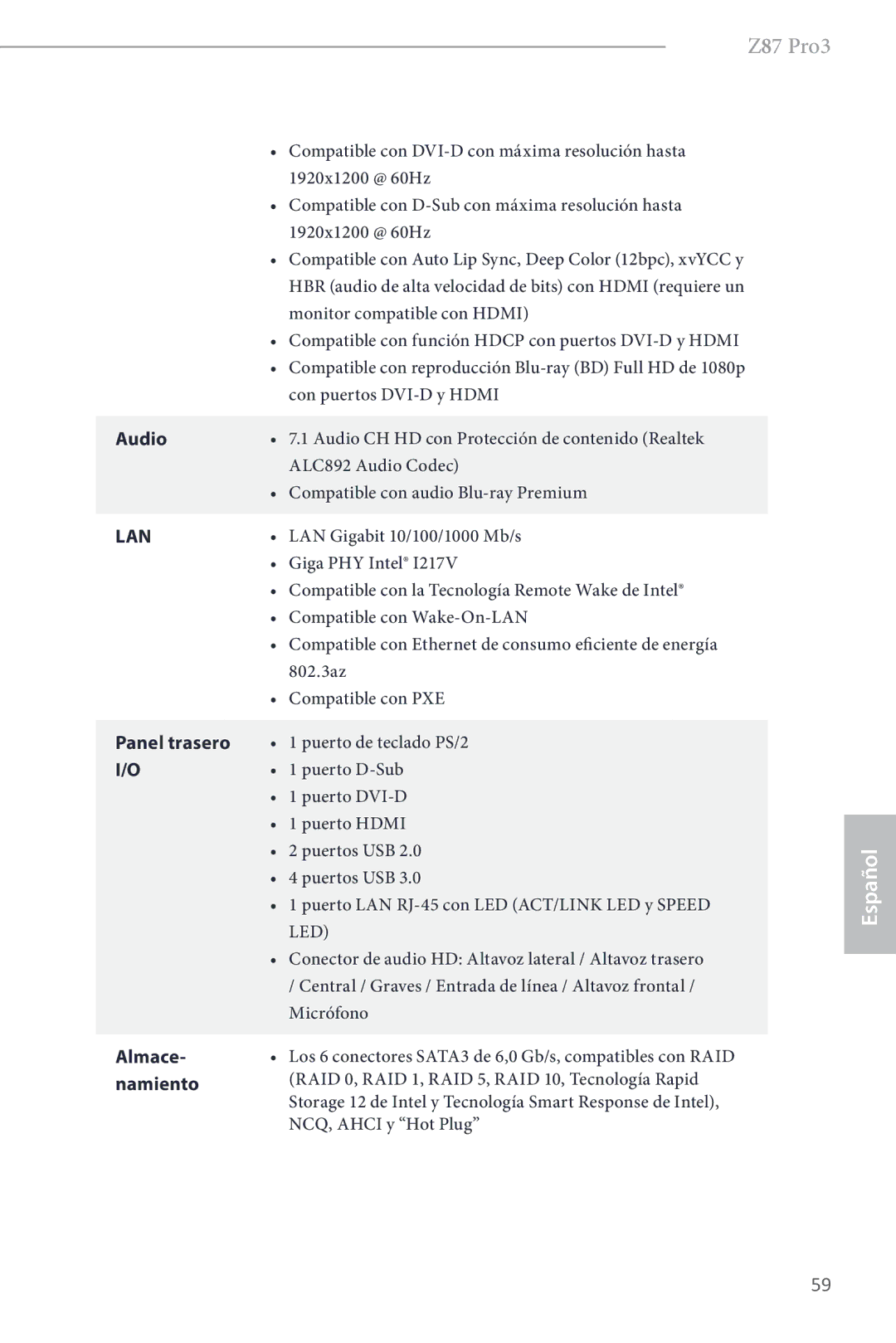 ASRock Z87 Pro3 manual Audio, Panel trasero I/O Almace- namiento 