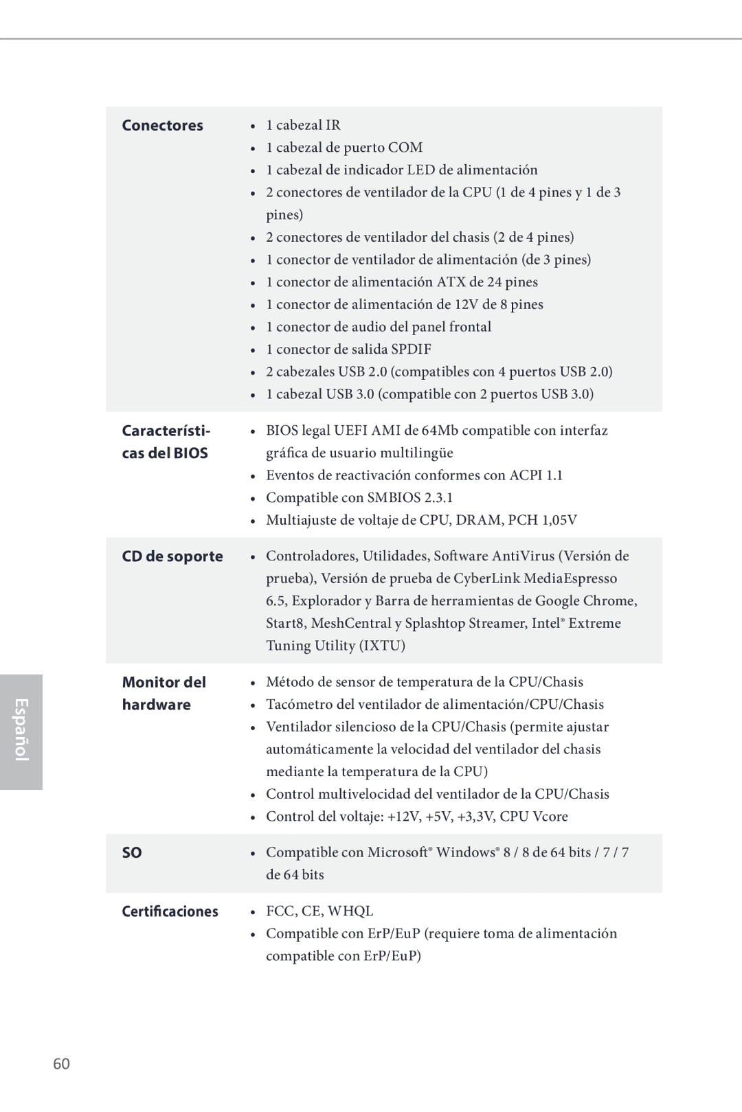 ASRock Z87 Pro3 manual Conectores, Característi, Cas del Bios, CD de soporte, Monitor del, Certificaciones 