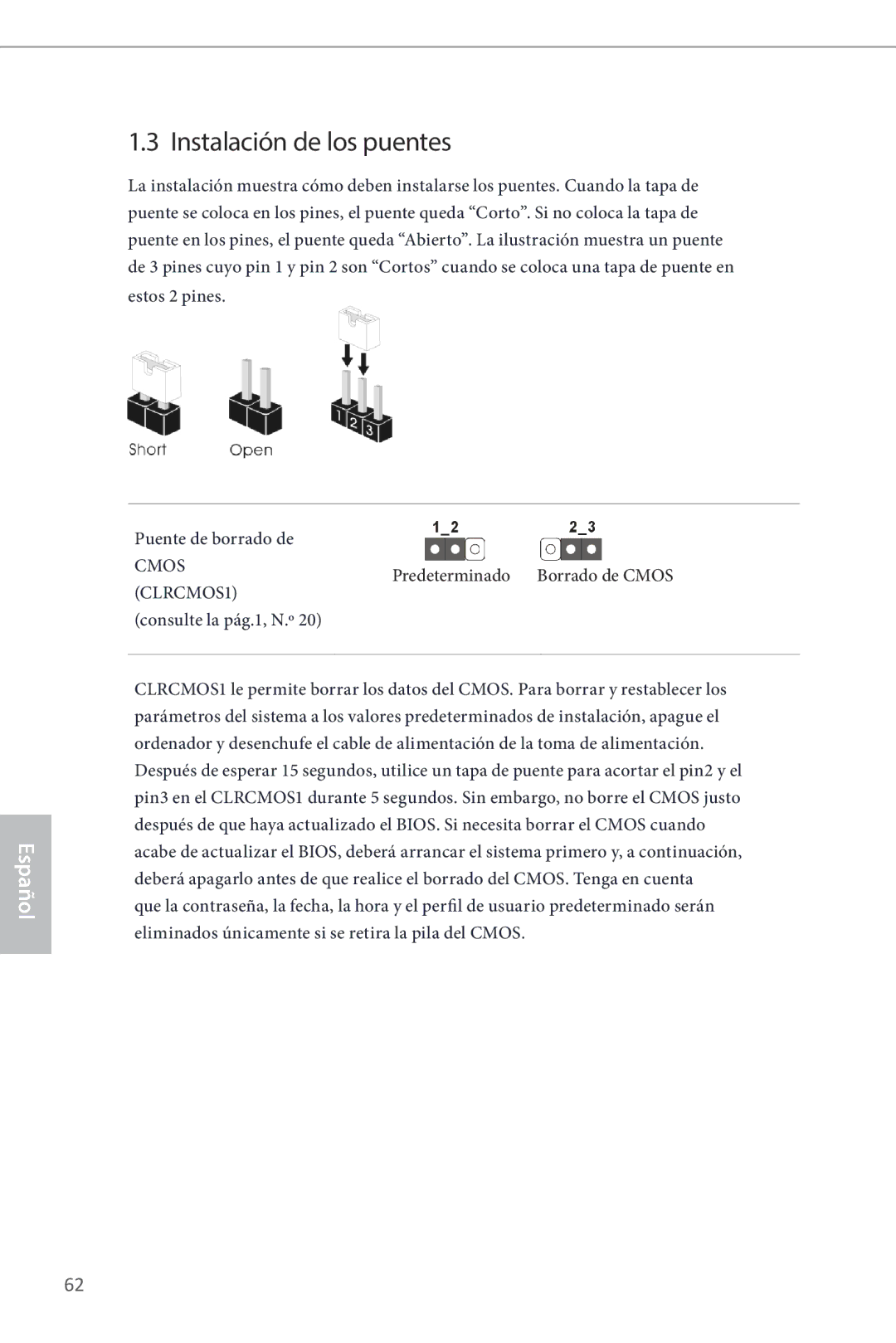 ASRock Z87 Pro3 Instalación de los puentes, Puente de borrado de, Predeterminado Borrado de Cmos, Consulte la pág.1, N.º 