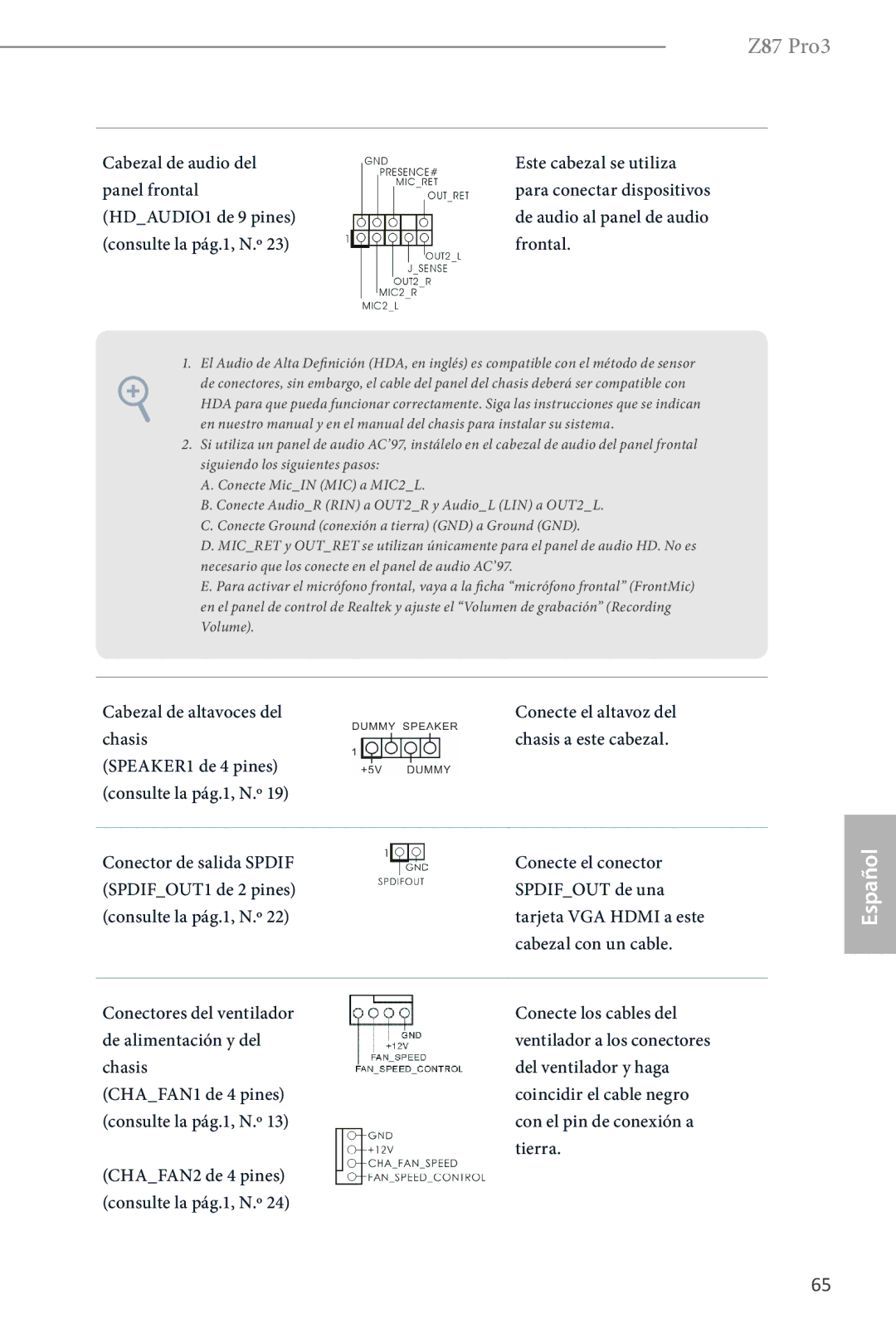 ASRock Z87 Pro3 manual Cabezal de audio del Este cabezal se utiliza Panel frontal 