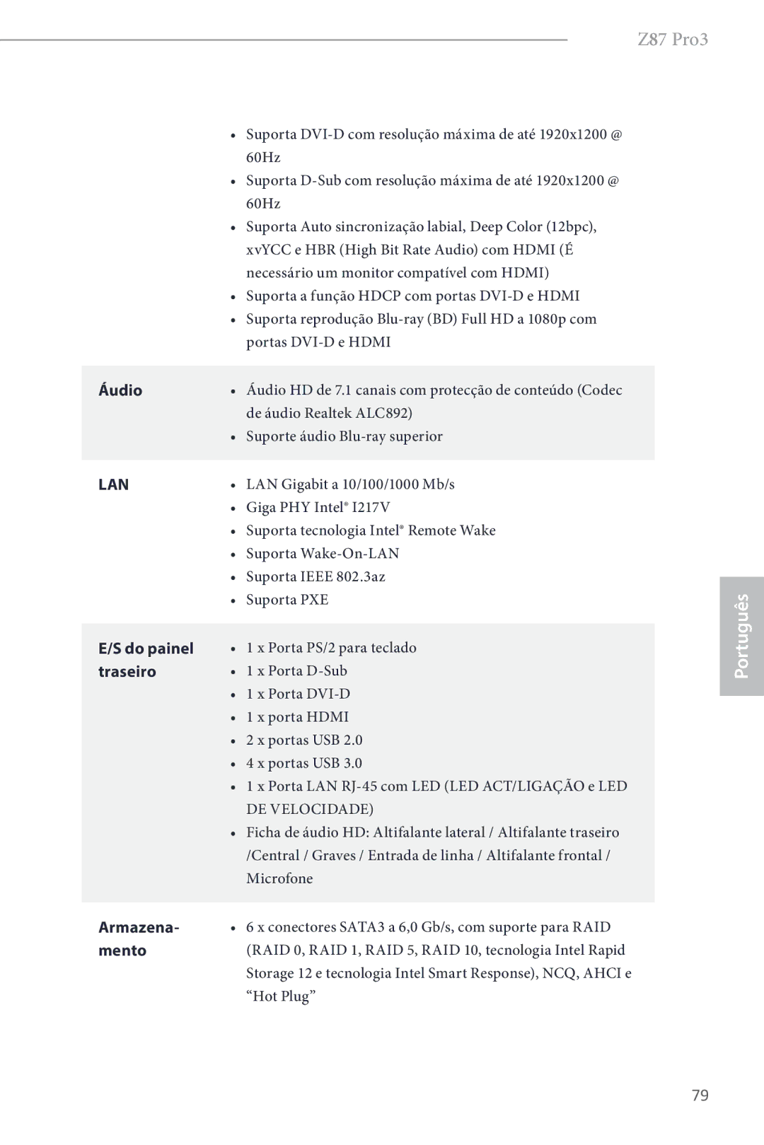 ASRock Z87 Pro3 manual Áudio, Do painel, Traseiro, Armazena, Mento 