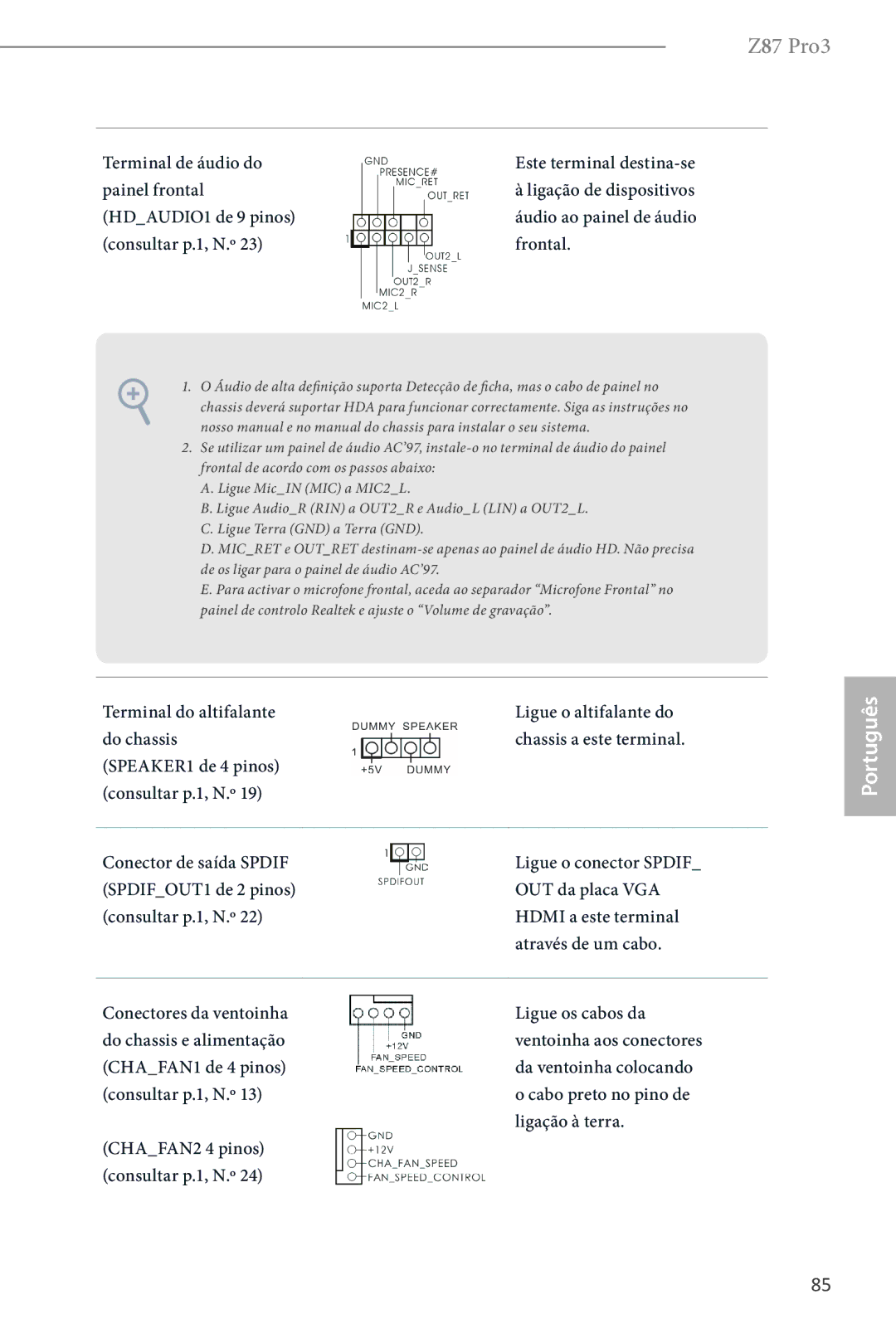 ASRock Z87 Pro3 manual Terminal de áudio do, Painel frontal, HDAUDIO1 de 9 pinos, Consultar p.1, N.º Frontal 