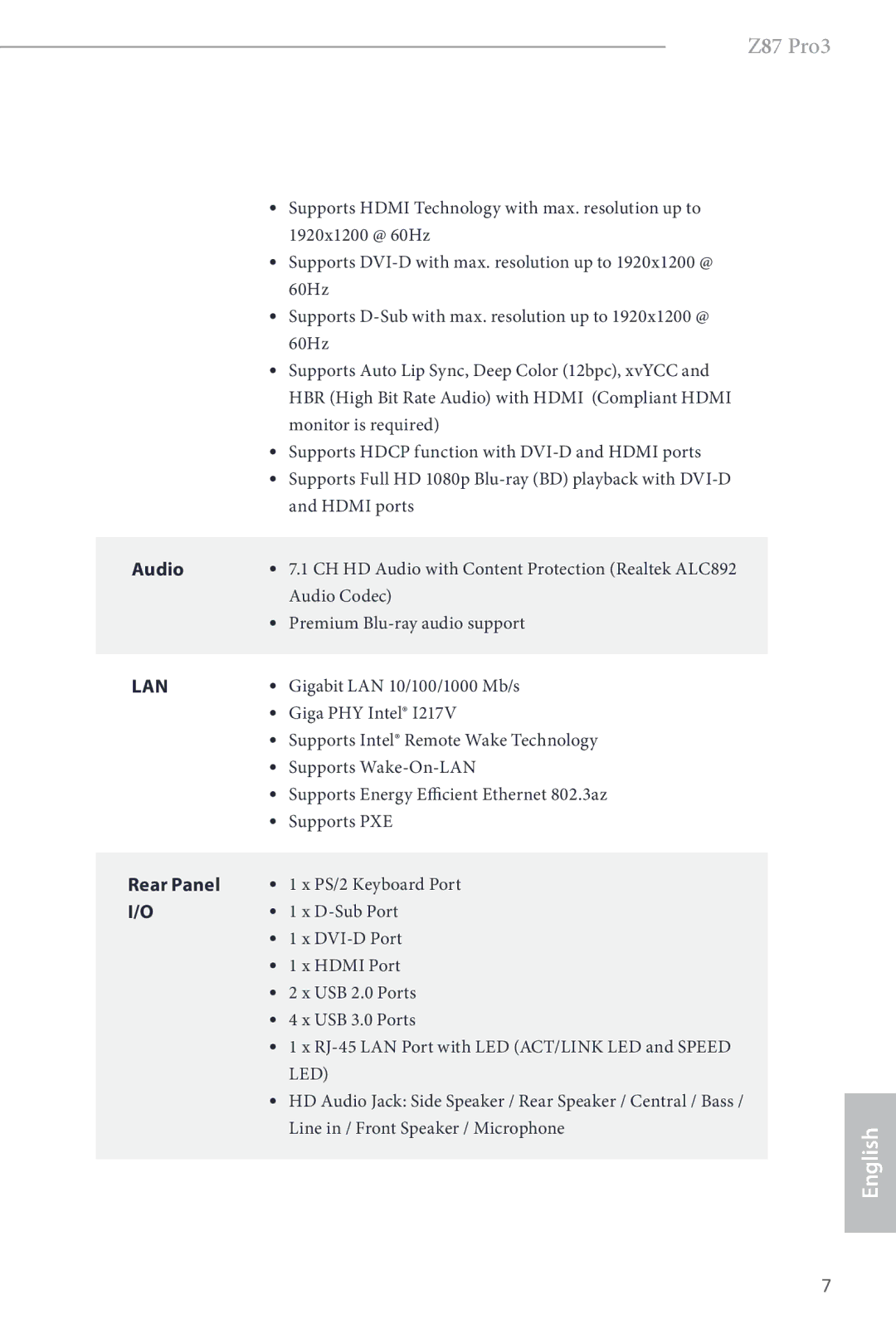 ASRock Z87 Pro3 manual Audio, Rear Panel 