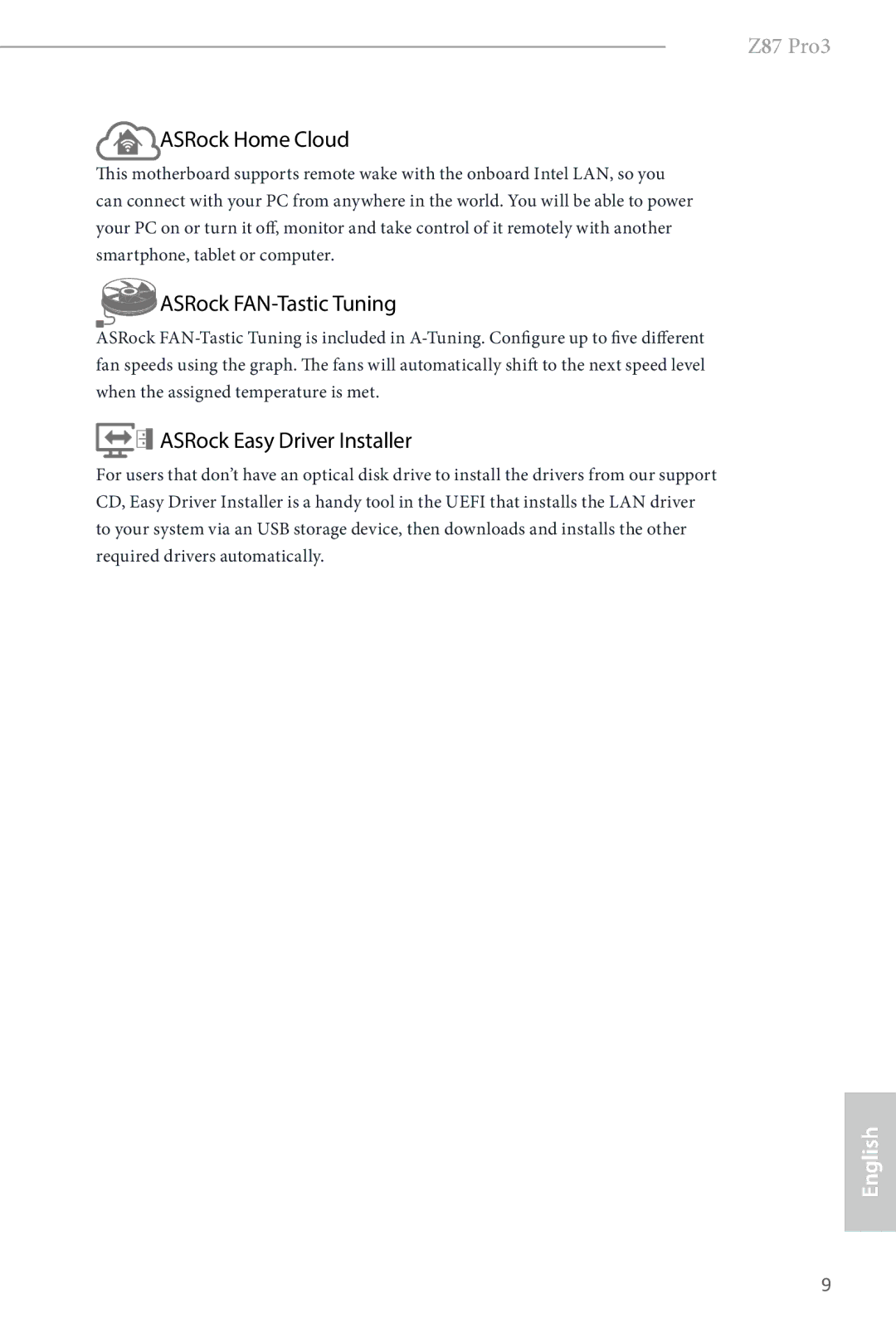 ASRock Z87 Pro3 manual ASRock Home Cloud, ASRock FAN-Tastic Tuning, ASRock Easy Driver Installer 