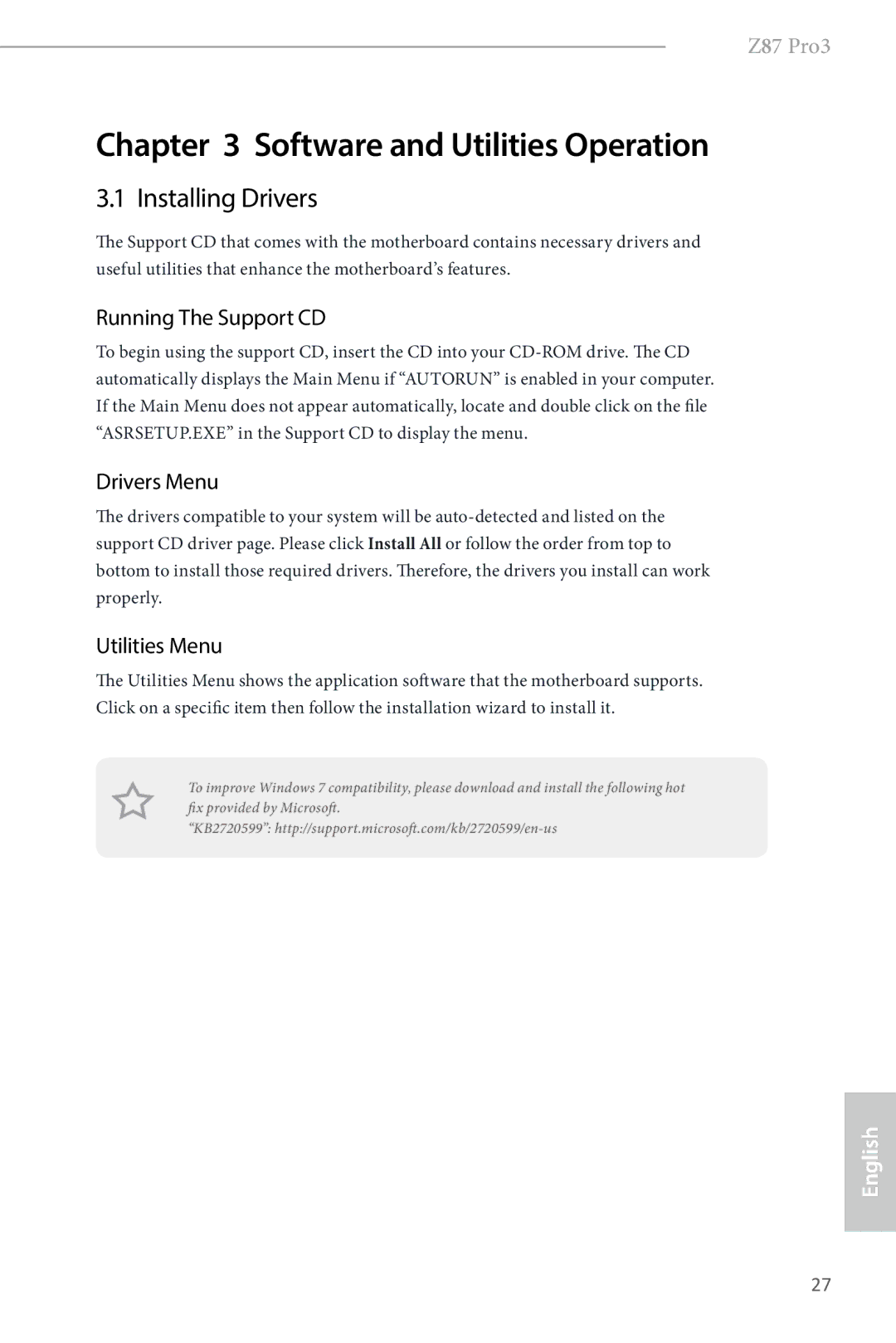 ASRock Z87 Pro3 manual Installing Drivers, Running The Support CD, Drivers Menu, Utilities Menu 