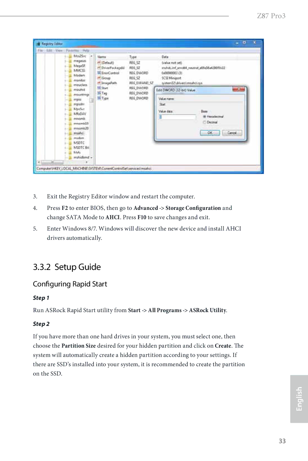 ASRock Z87 Pro3 manual Setup Guide, Configuring Rapid Start 