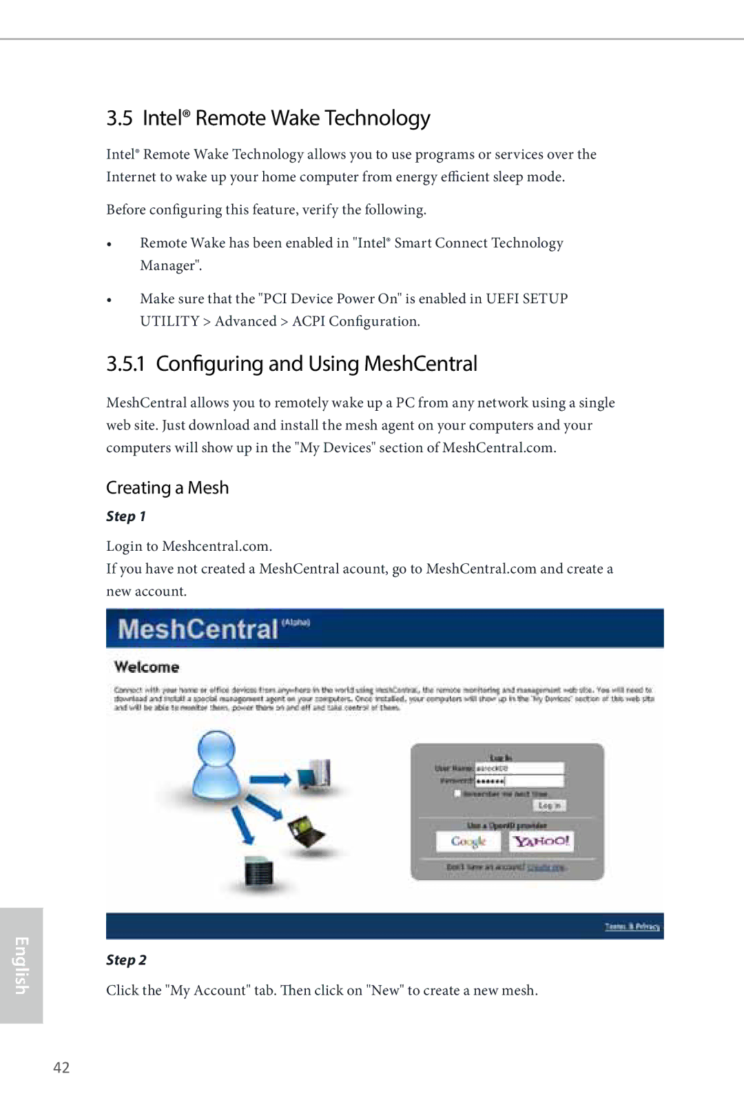 ASRock Z87 Pro3 manual Intel Remote Wake Technology, Configuring and Using MeshCentral, Creating a Mesh 