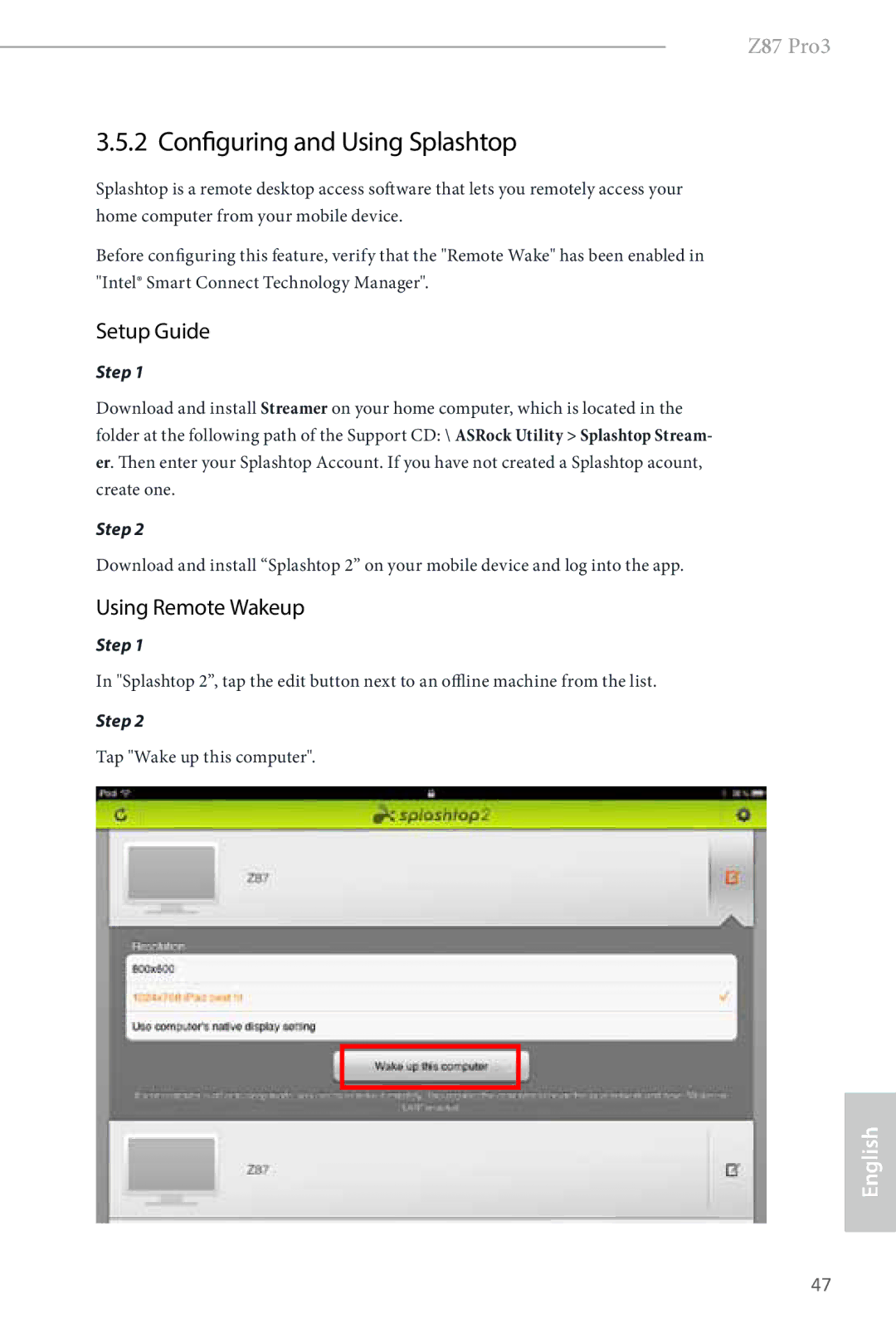 ASRock Z87 Pro3 manual Configuring and Using Splashtop, Setup Guide, Using Remote Wakeup 