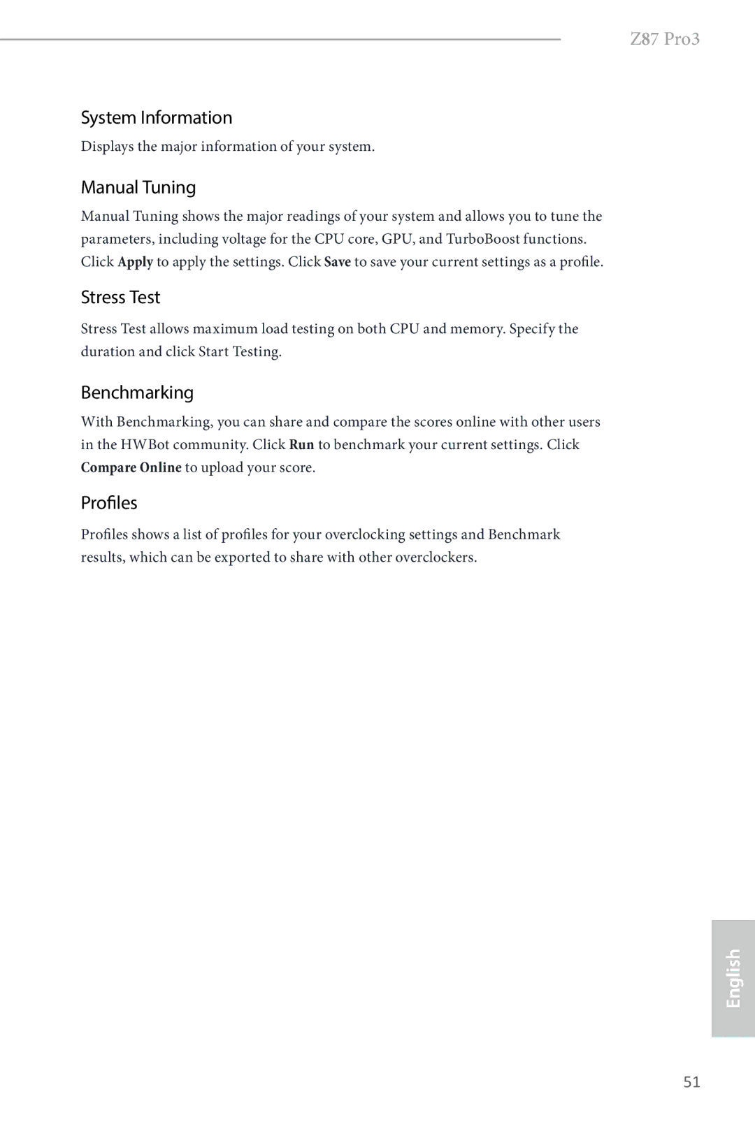 ASRock Z87 Pro3 manual System Information, Manual Tuning, Stress Test, Benchmarking, Profiles 