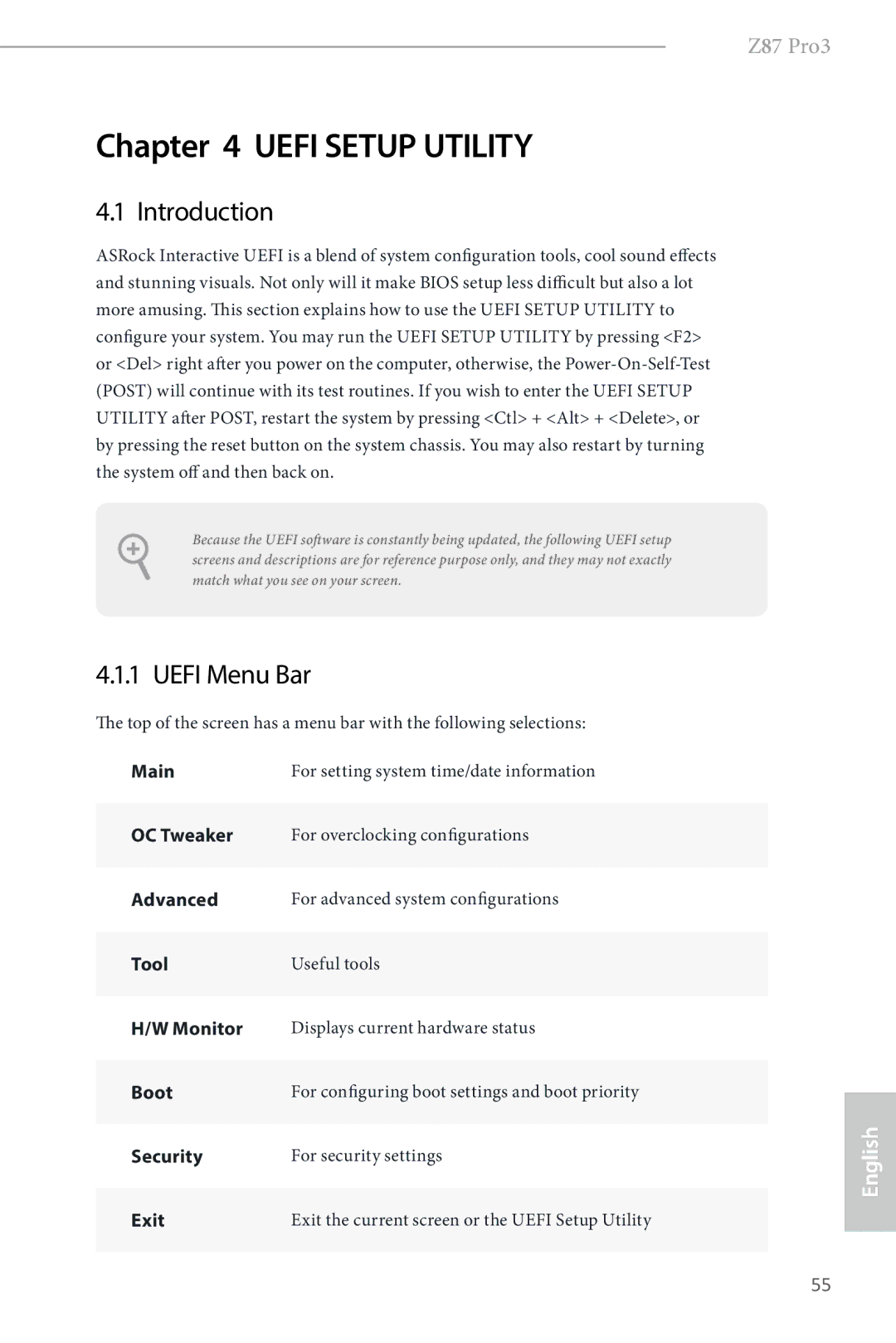 ASRock Z87 Pro3 manual Introduction, Uefi Menu Bar 