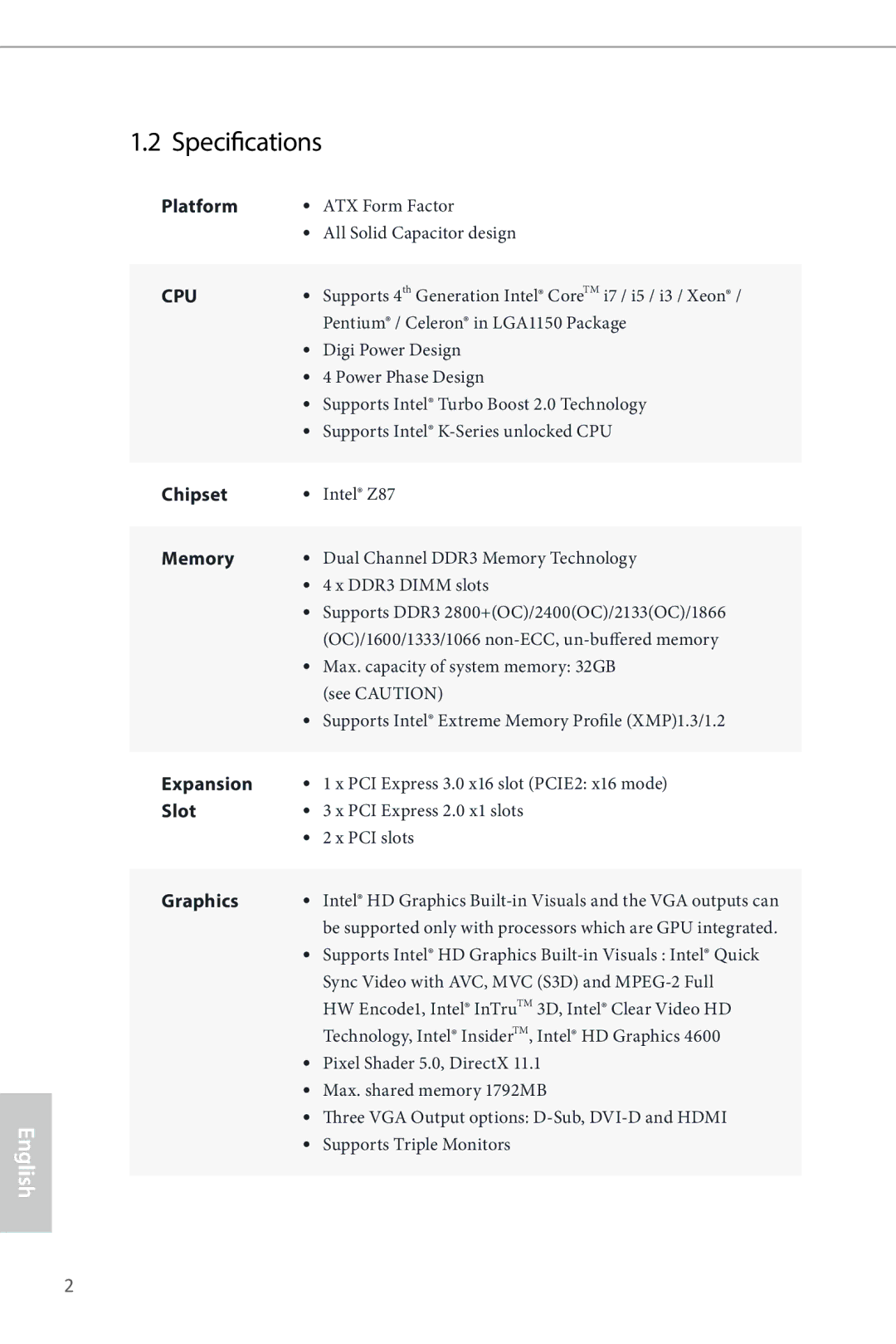 ASRock Z87 Pro3 manual Specifications, Cpu 