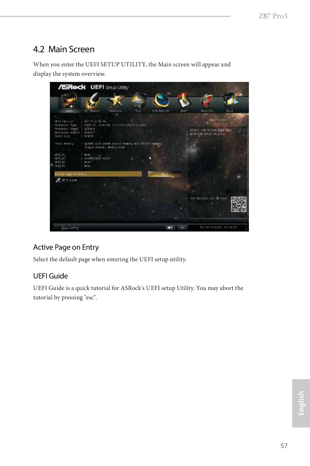 ASRock Z87 Pro3 manual Main Screen, Active Page on Entry, Uefi Guide 