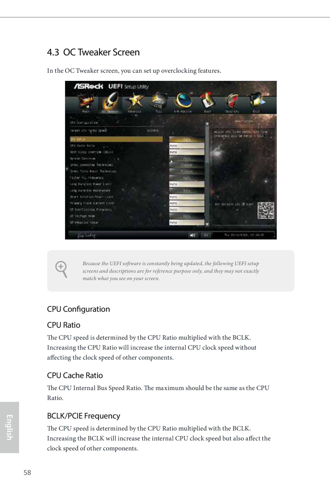 ASRock Z87 Pro3 manual OC Tweaker Screen, CPU Configuration CPU Ratio, CPU Cache Ratio, BCLK/PCIE Frequency 