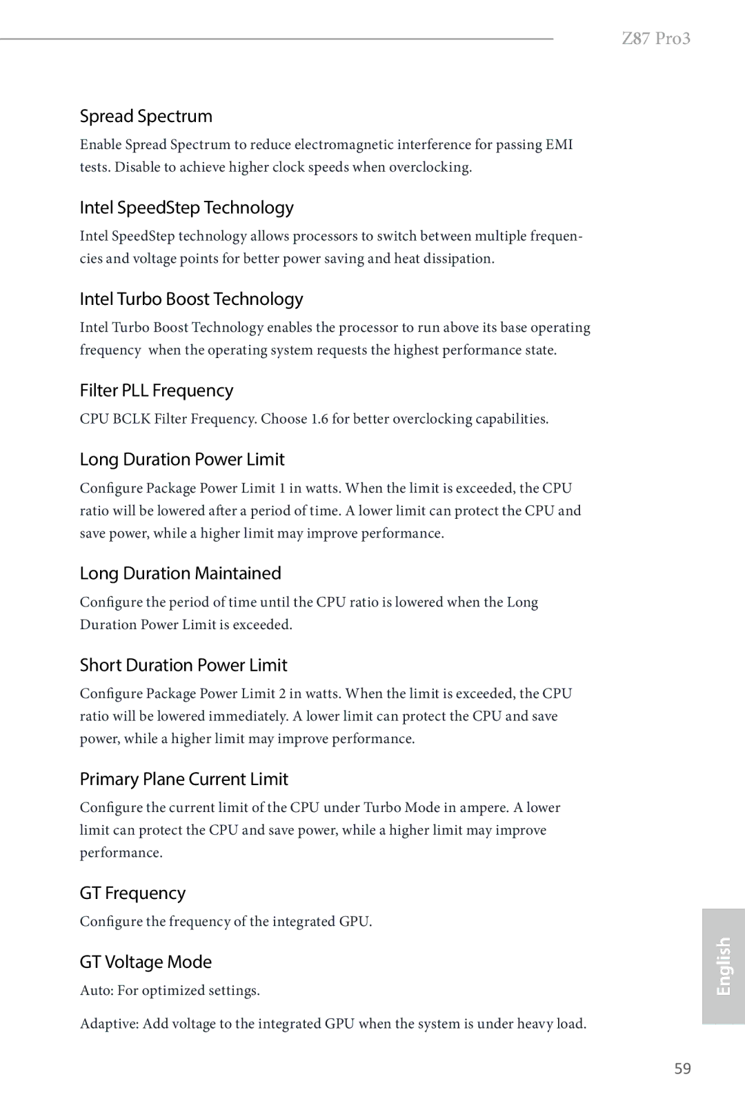 ASRock Z87 Pro3 manual Spread Spectrum, Intel SpeedStep Technology, Intel Turbo Boost Technology, Filter PLL Frequency 