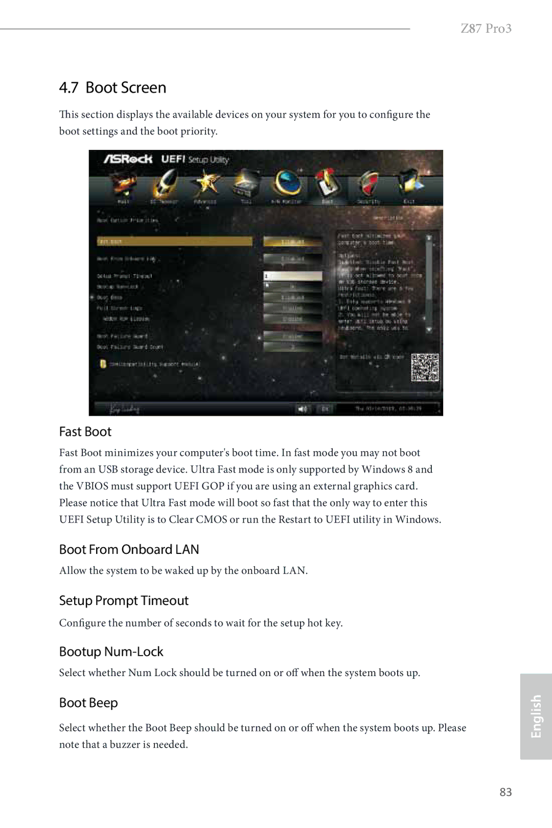 ASRock Z87 Pro3 manual Boot Screen, Fast Boot, Boot From Onboard LAN, Setup Prompt Timeout, Bootup Num-Lock 