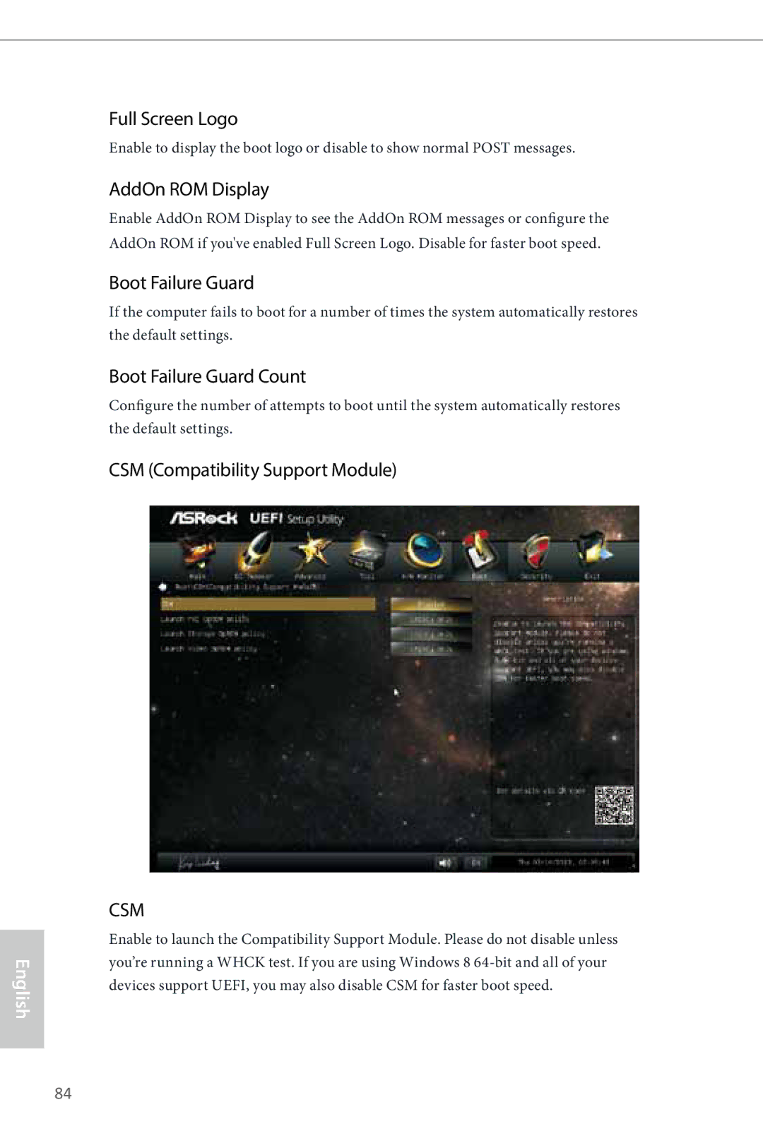 ASRock Z87 Pro3 manual Full Screen Logo, AddOn ROM Display, Boot Failure Guard Count, CSM Compatibility Support Module 