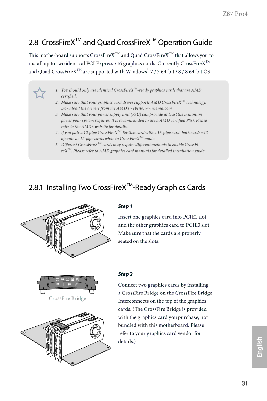 ASRock Z87 Pro4 manual CrossFireXTM and Quad CrossFireXTM Operation Guide, Installing Two CrossFireXTM-Ready Graphics Cards 