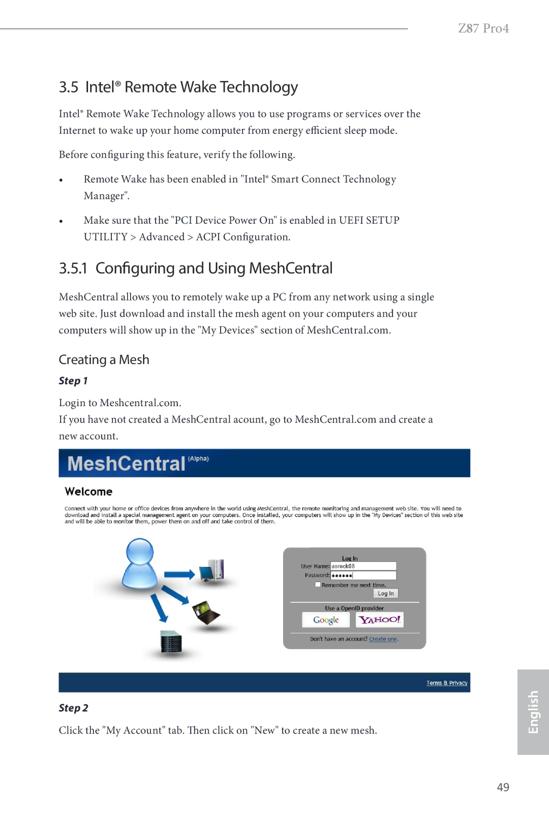 ASRock Z87 Pro4 manual Intel Remote Wake Technology, Configuring and Using MeshCentral, Creating a Mesh 