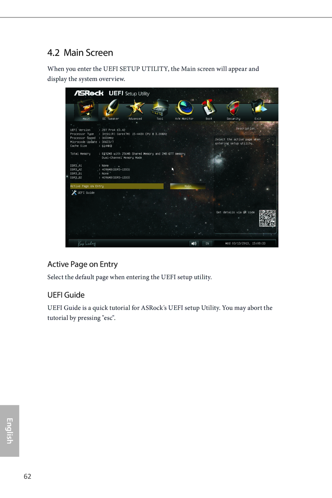 ASRock Z87 Pro4 manual Main Screen, Active Page on Entry, Uefi Guide 