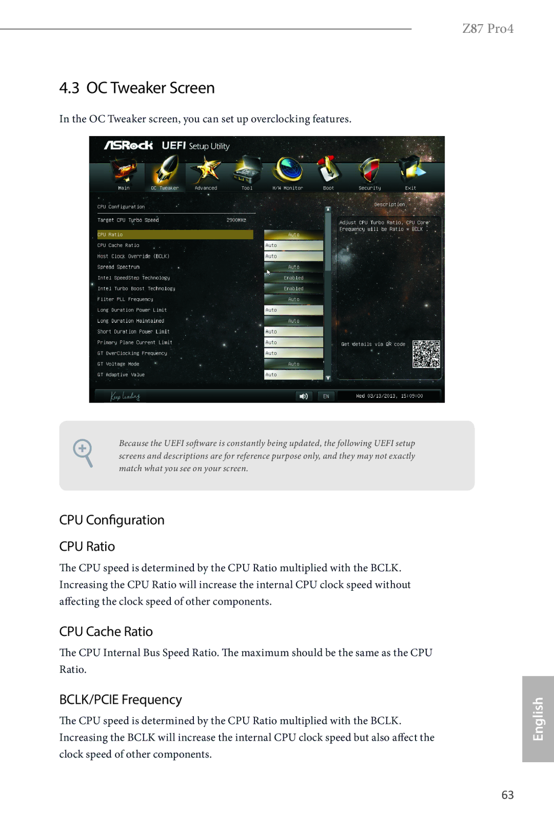 ASRock Z87 Pro4 manual OC Tweaker Screen, CPU Configuration CPU Ratio, CPU Cache Ratio, BCLK/PCIE Frequency 