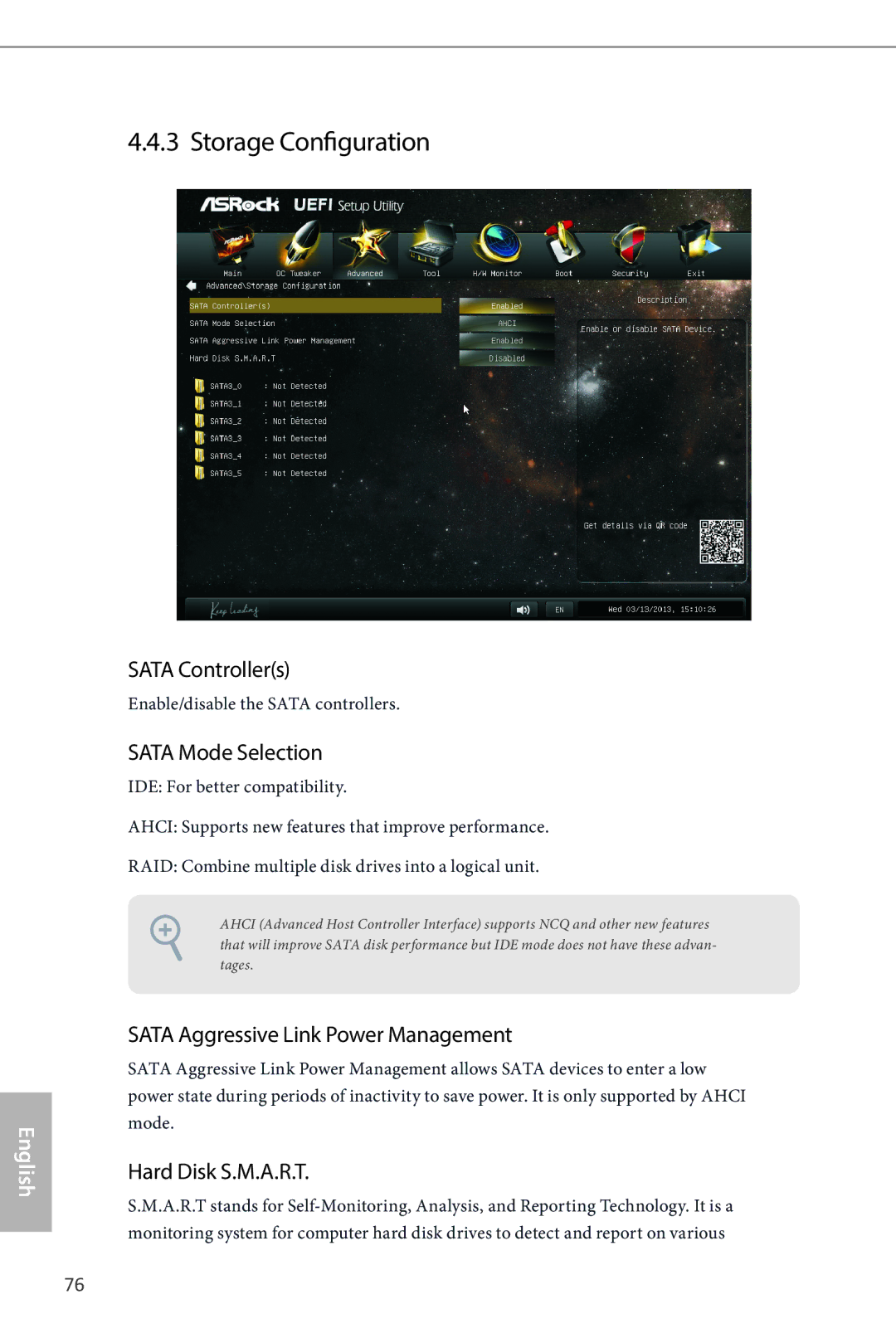 ASRock Z87 Pro4 manual Storage Configuration, Sata Controllers, Sata Mode Selection, Sata Aggressive Link Power Management 