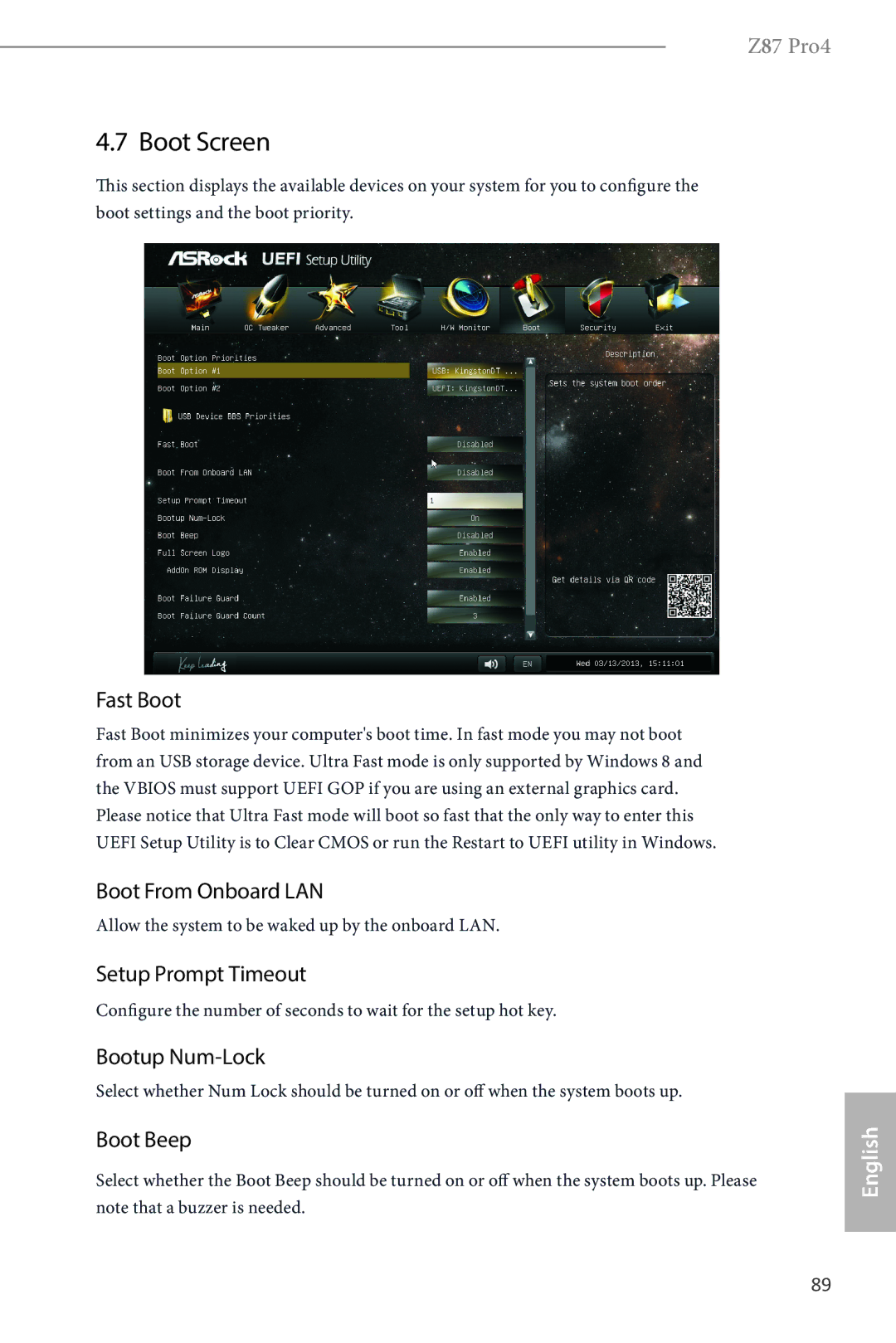 ASRock Z87 Pro4 manual Boot Screen, Fast Boot, Boot From Onboard LAN, Setup Prompt Timeout, Bootup Num-Lock 