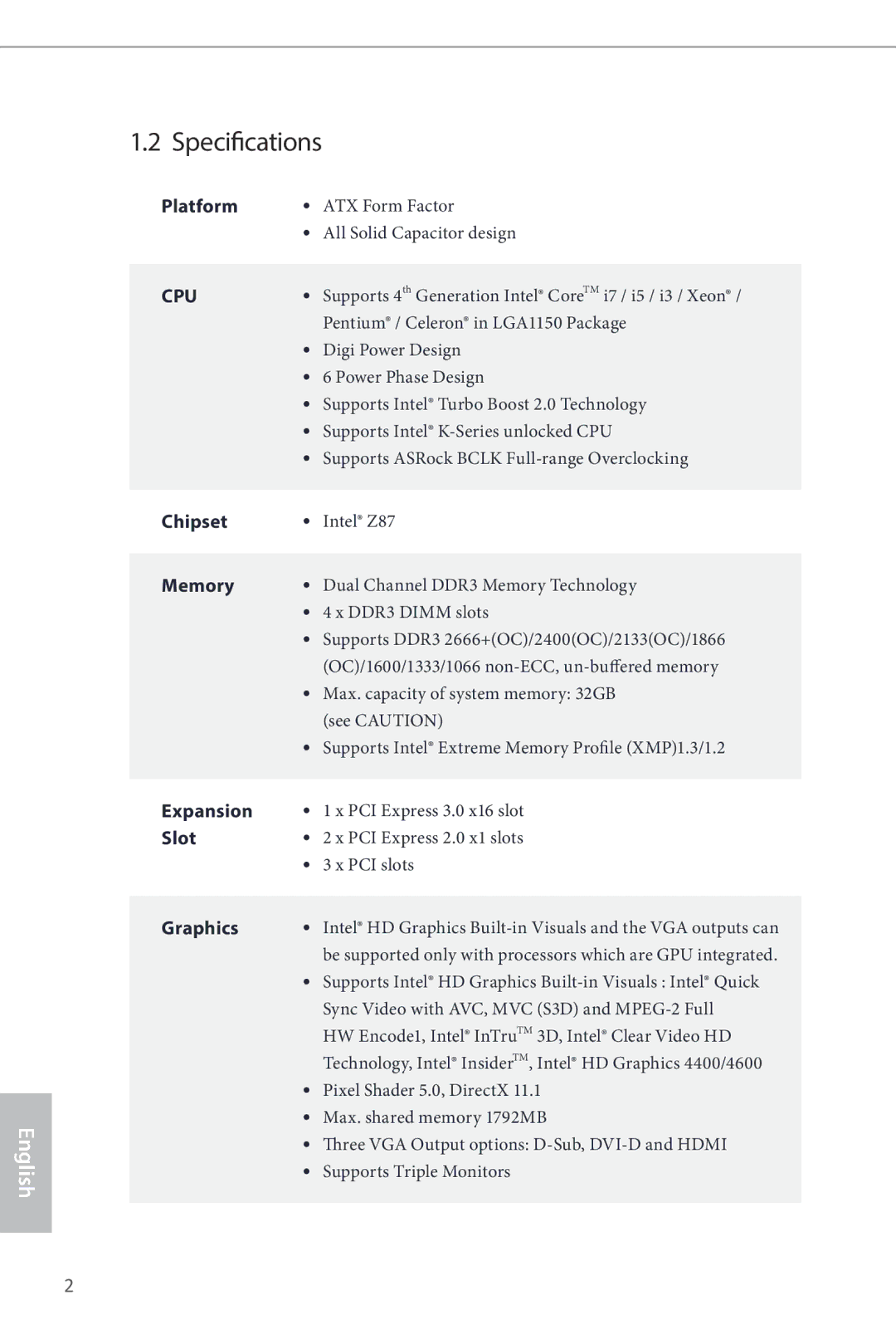 ASRock Z87iCafe4 manual Specifications, Cpu 