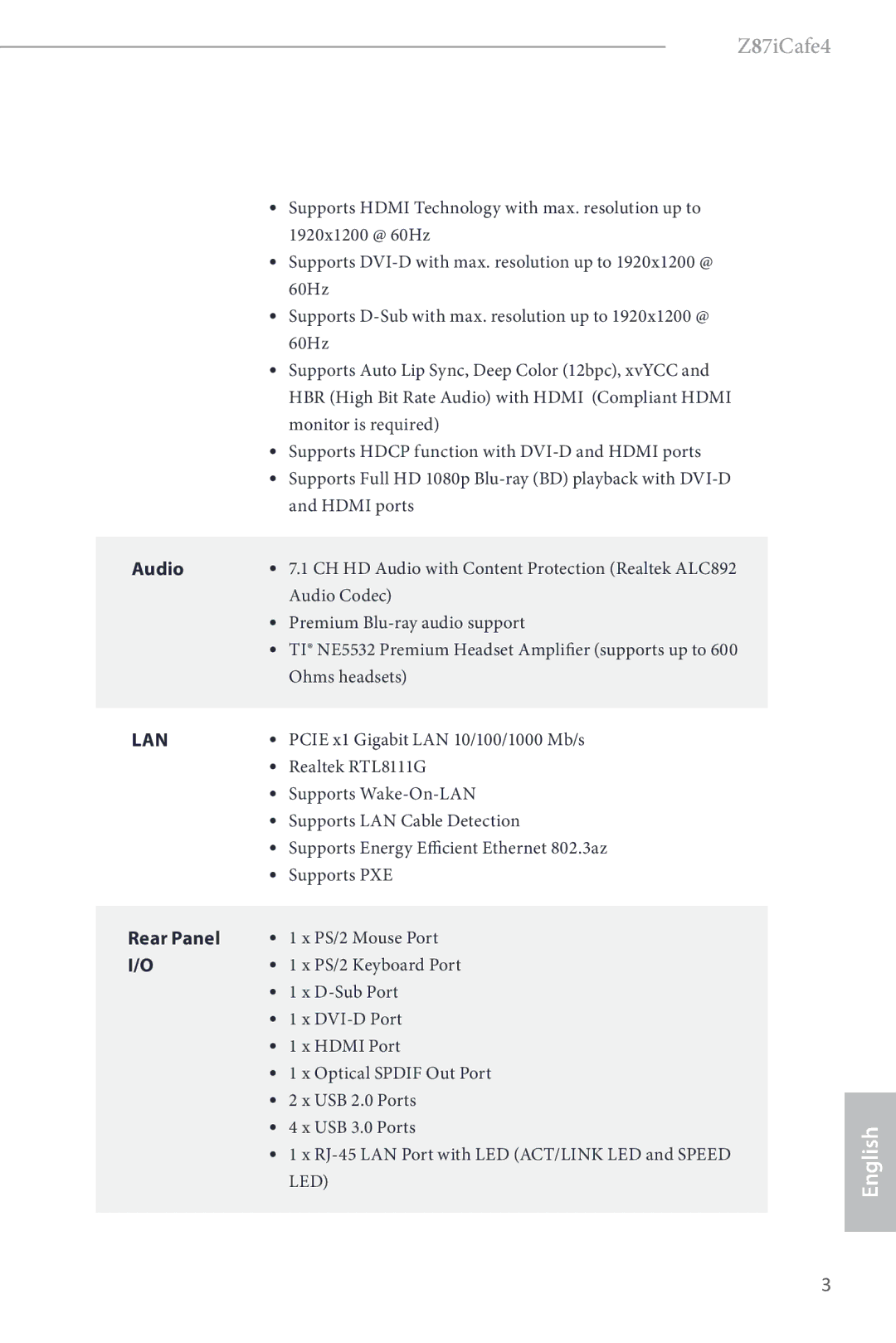 ASRock Z87iCafe4 manual Lan 