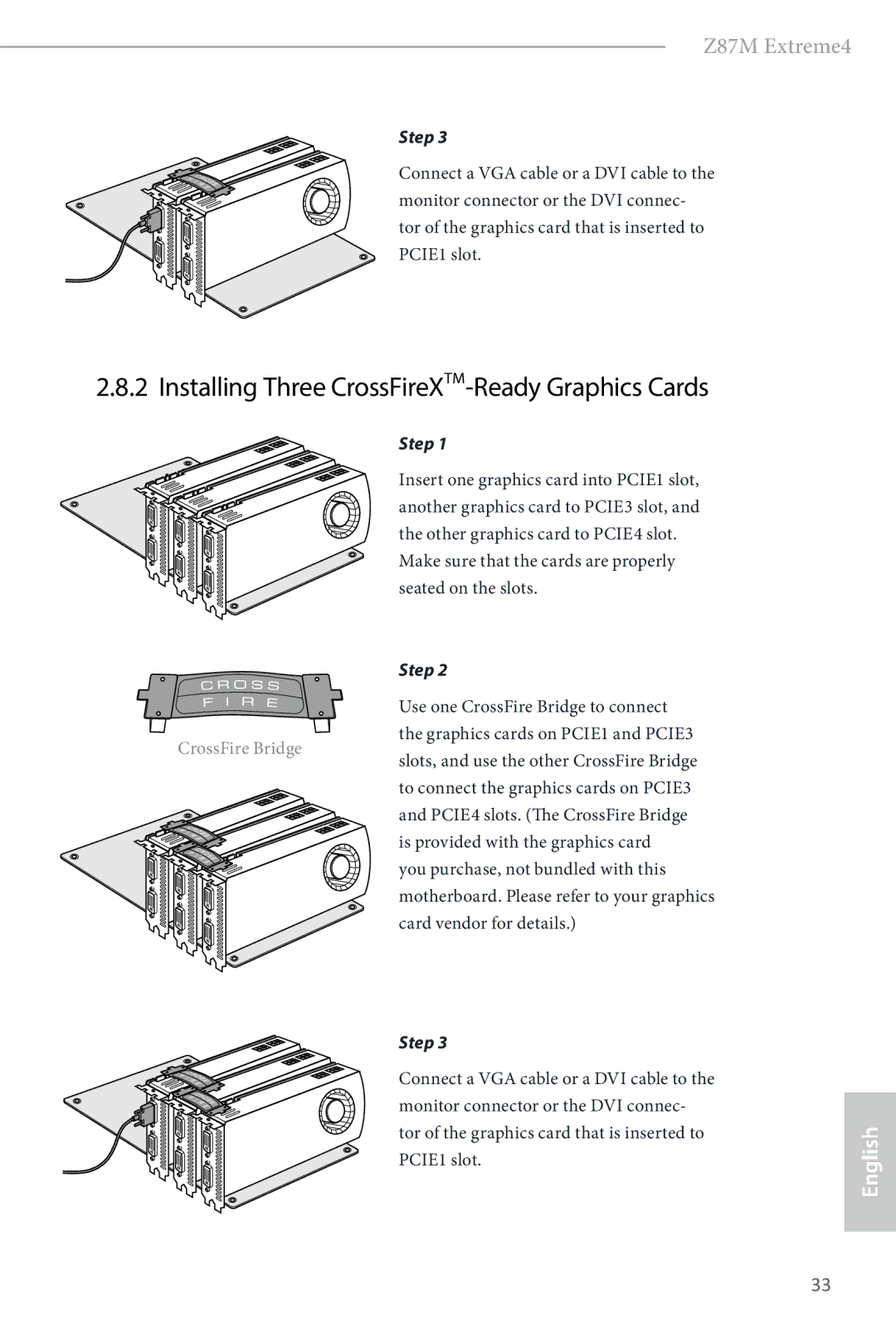 ASRock Z87M Extreme4 manual Installing Three CrossFireXTM-Ready Graphics Cards 