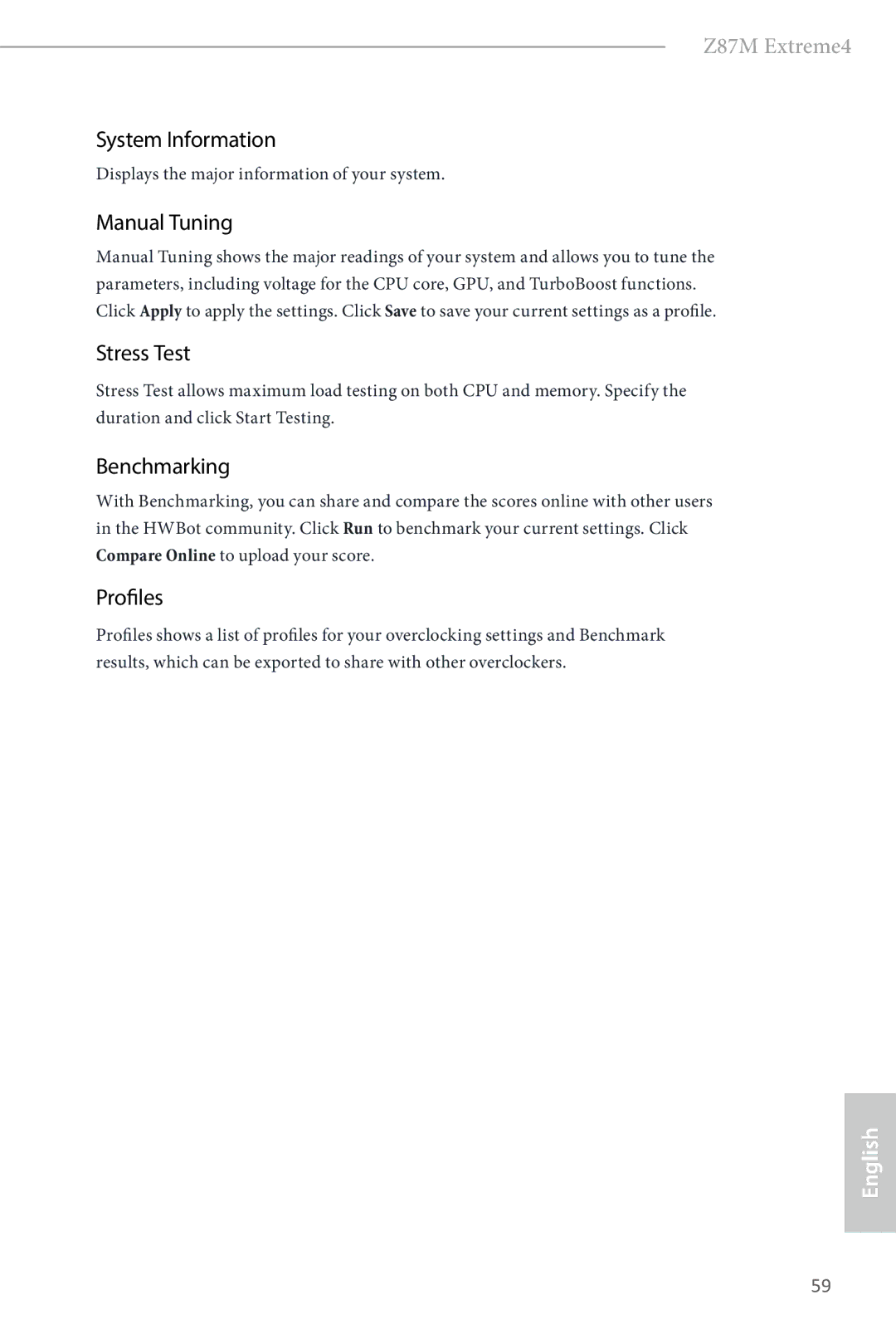 ASRock Z87M Extreme4 manual System Information, Manual Tuning, Stress Test, Benchmarking, Profiles 