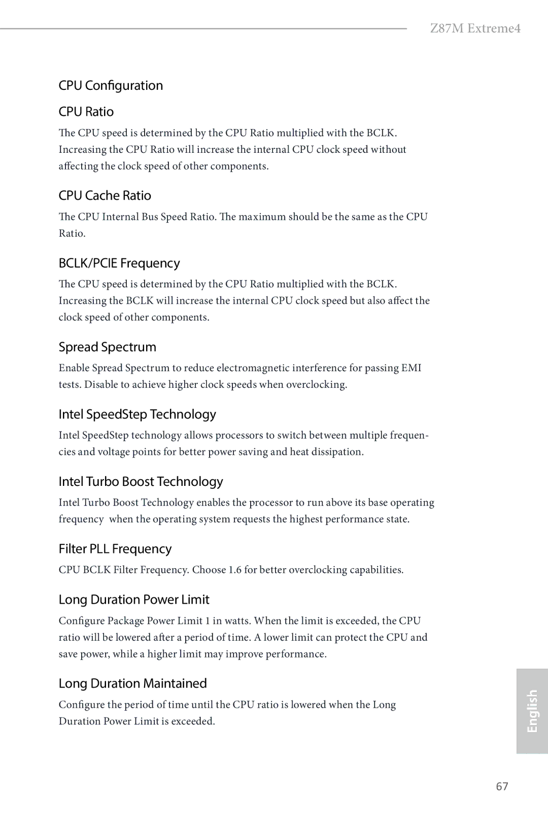 ASRock Z87M Extreme4 manual CPU Configuration CPU Ratio, CPU Cache Ratio, BCLK/PCIE Frequency, Spread Spectrum 