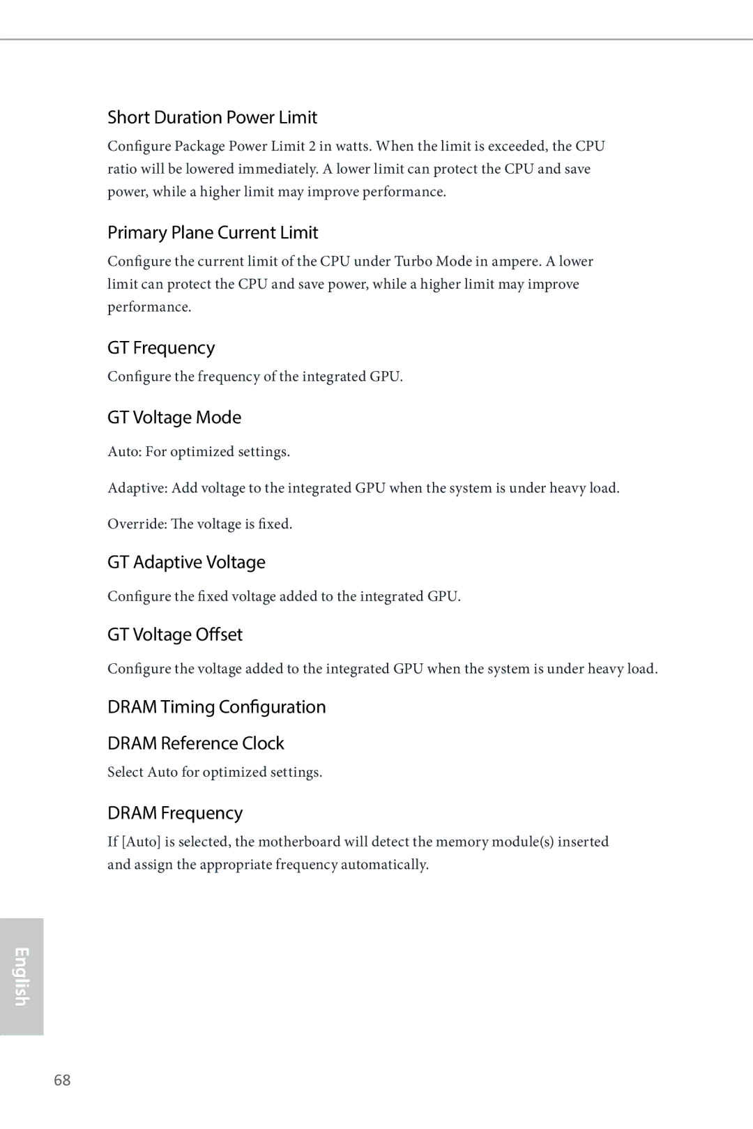 ASRock Z87M Extreme4 manual Short Duration Power Limit, Primary Plane Current Limit, GT Frequency, GT Voltage Mode 