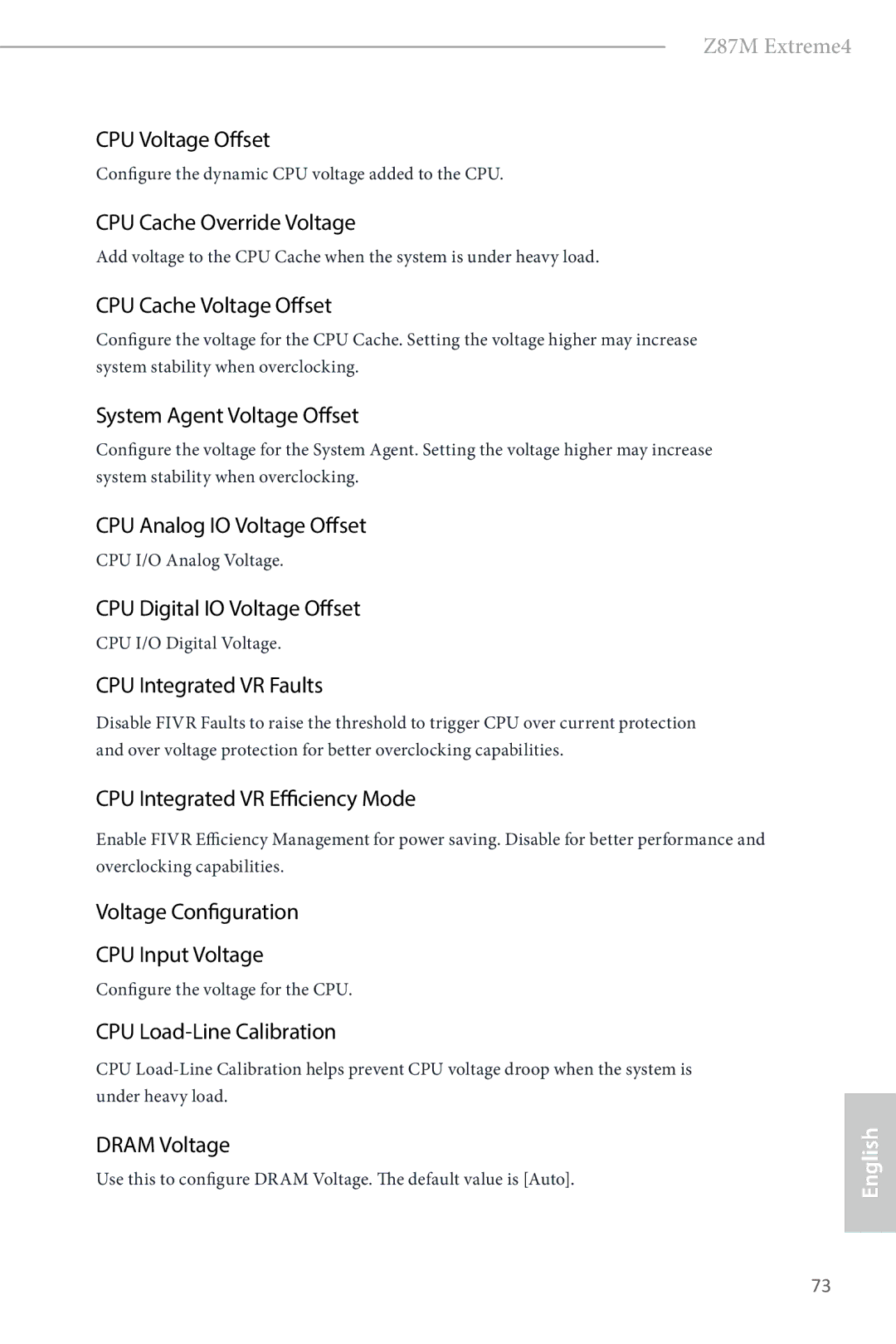 ASRock Z87M Extreme4 CPU Voltage Offset, CPU Cache Override Voltage, CPU Cache Voltage Offset, System Agent Voltage Offset 
