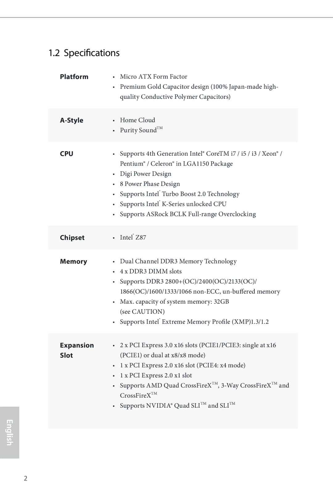 ASRock Z87M Extreme4 manual Specifications, Platform 