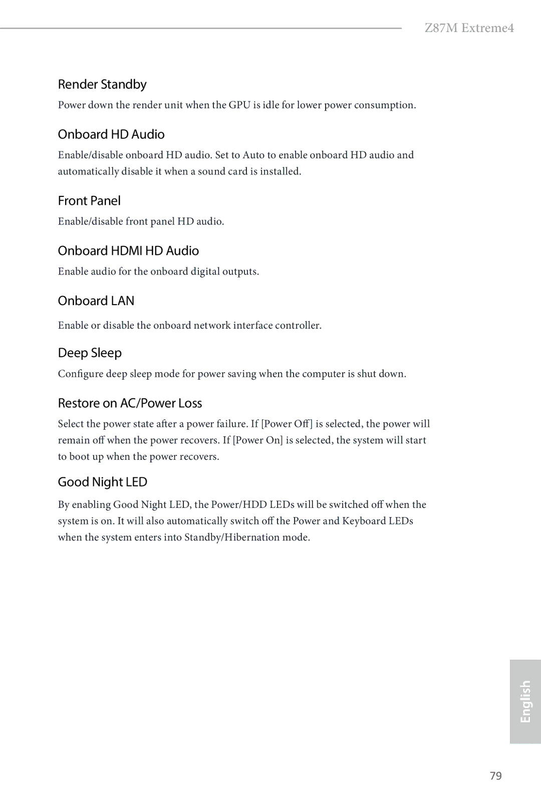 ASRock Z87M Extreme4 manual Render Standby, Onboard HD Audio, Front Panel, Onboard Hdmi HD Audio, Onboard LAN, Deep Sleep 