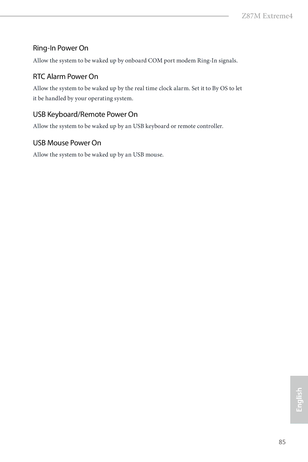 ASRock Z87M Extreme4 manual Ring-In Power On, RTC Alarm Power On, USB Keyboard/Remote Power On, USB Mouse Power On 