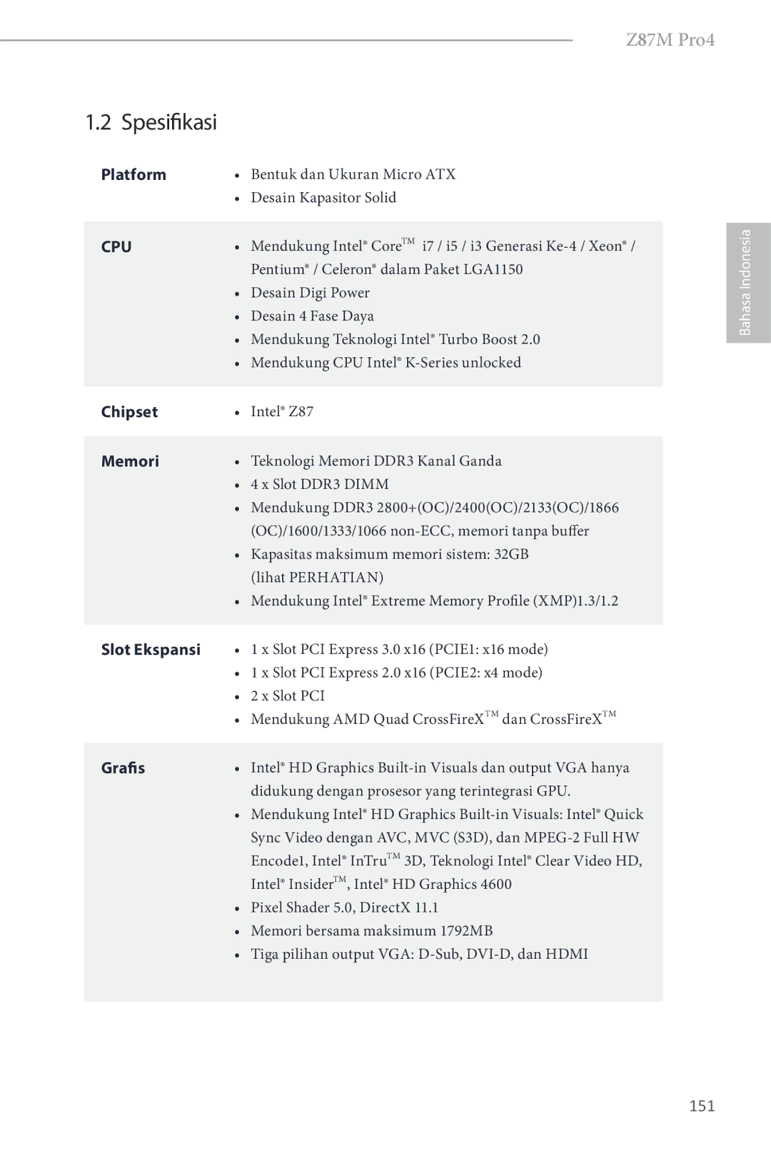 ASRock Z87M Pro4 manual Spesifikasi, 151, Memori, Slot Ekspansi, Grafis 