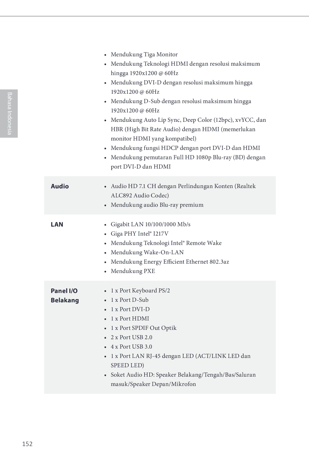 ASRock Z87M Pro4 manual 152, Panel I/O, Belakang 