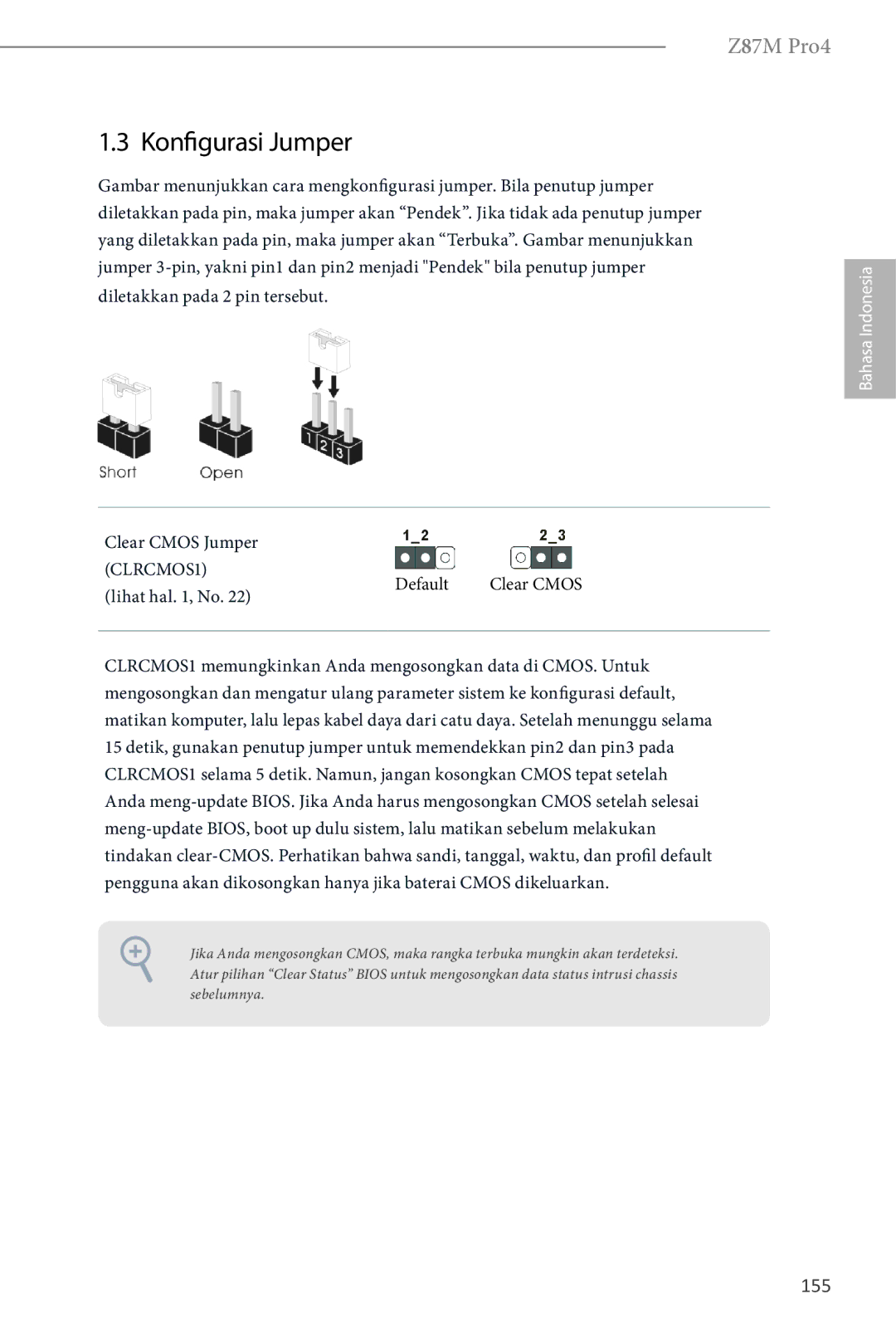 ASRock Z87M Pro4 manual Konfigurasi Jumper, 155, Lihat hal , No 