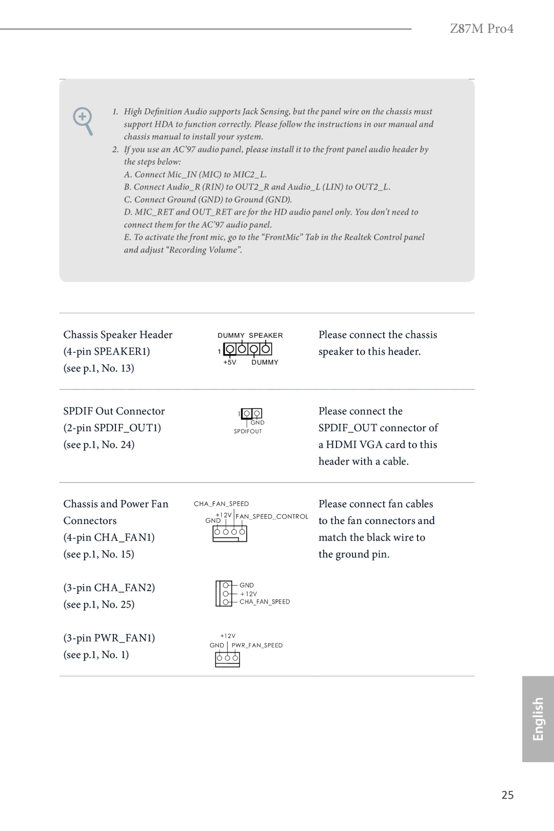 ASRock Z87M Pro4 manual Chassis Speaker Header Pin SPEAKER1 See p.1, No, Spdif Out Connector Pin SPDIFOUT1 See p.1, No 