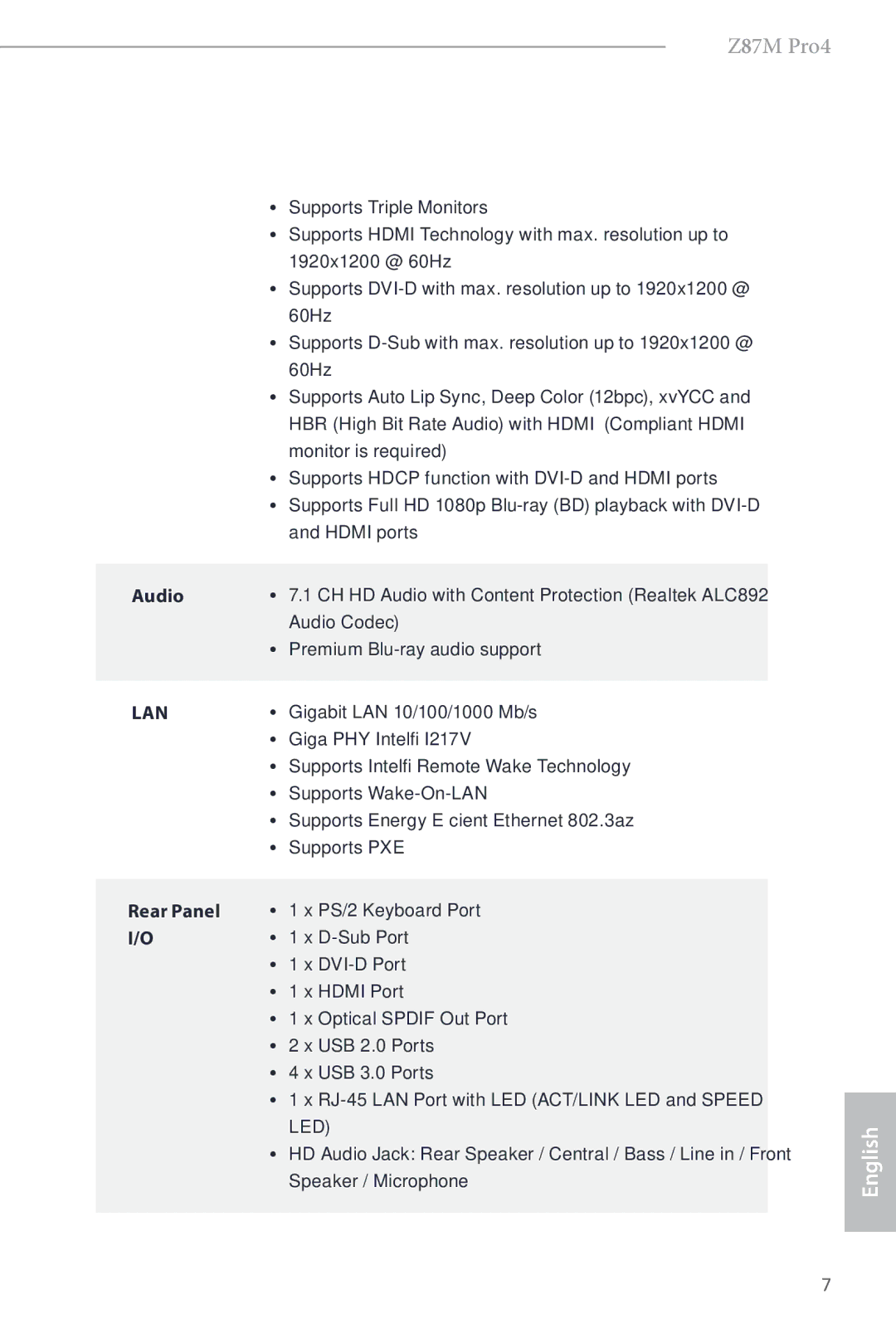 ASRock Z87M Pro4 manual Audio, Rear Panel 