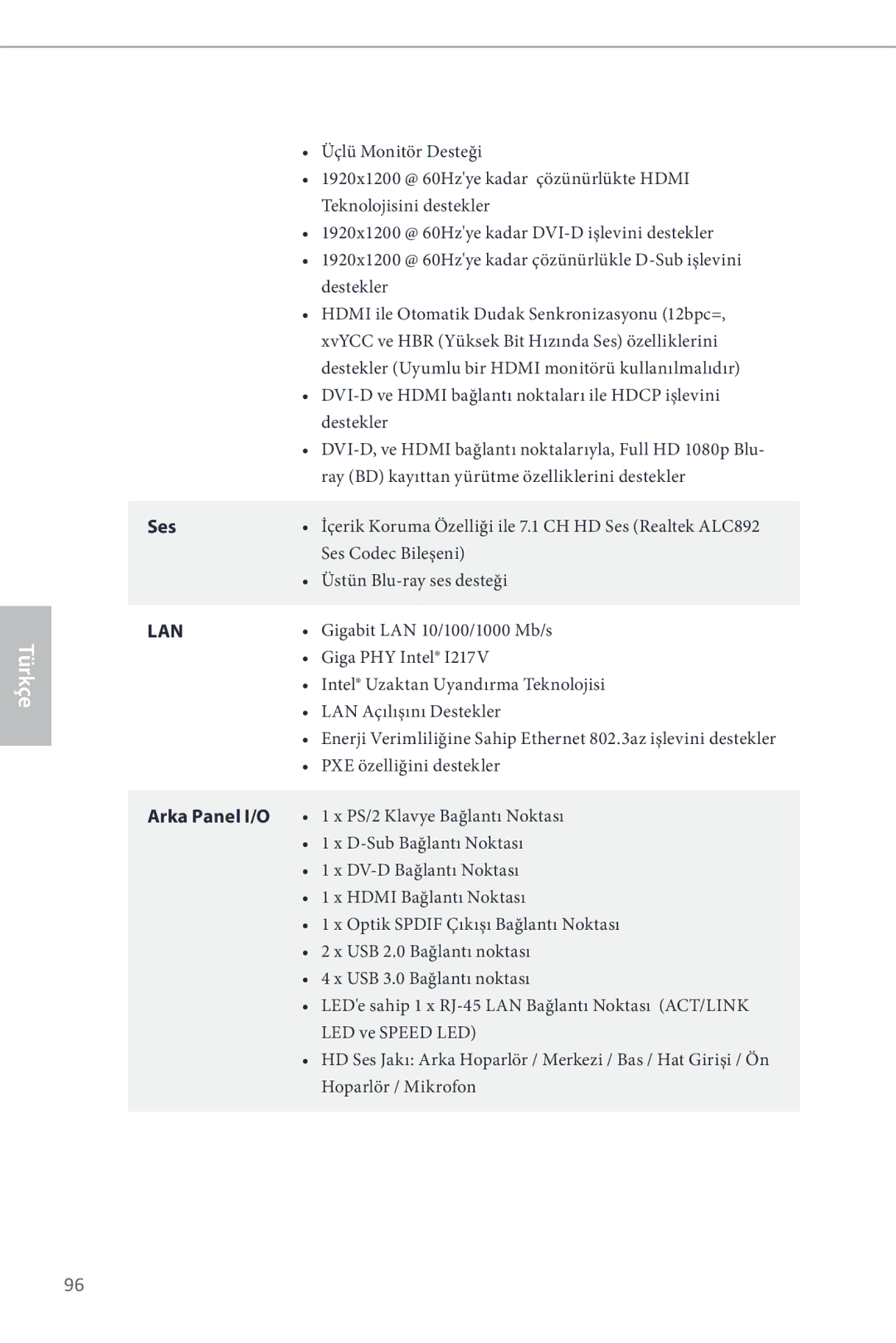 ASRock Z87M Pro4 manual Ses, Arka Panel I/O 