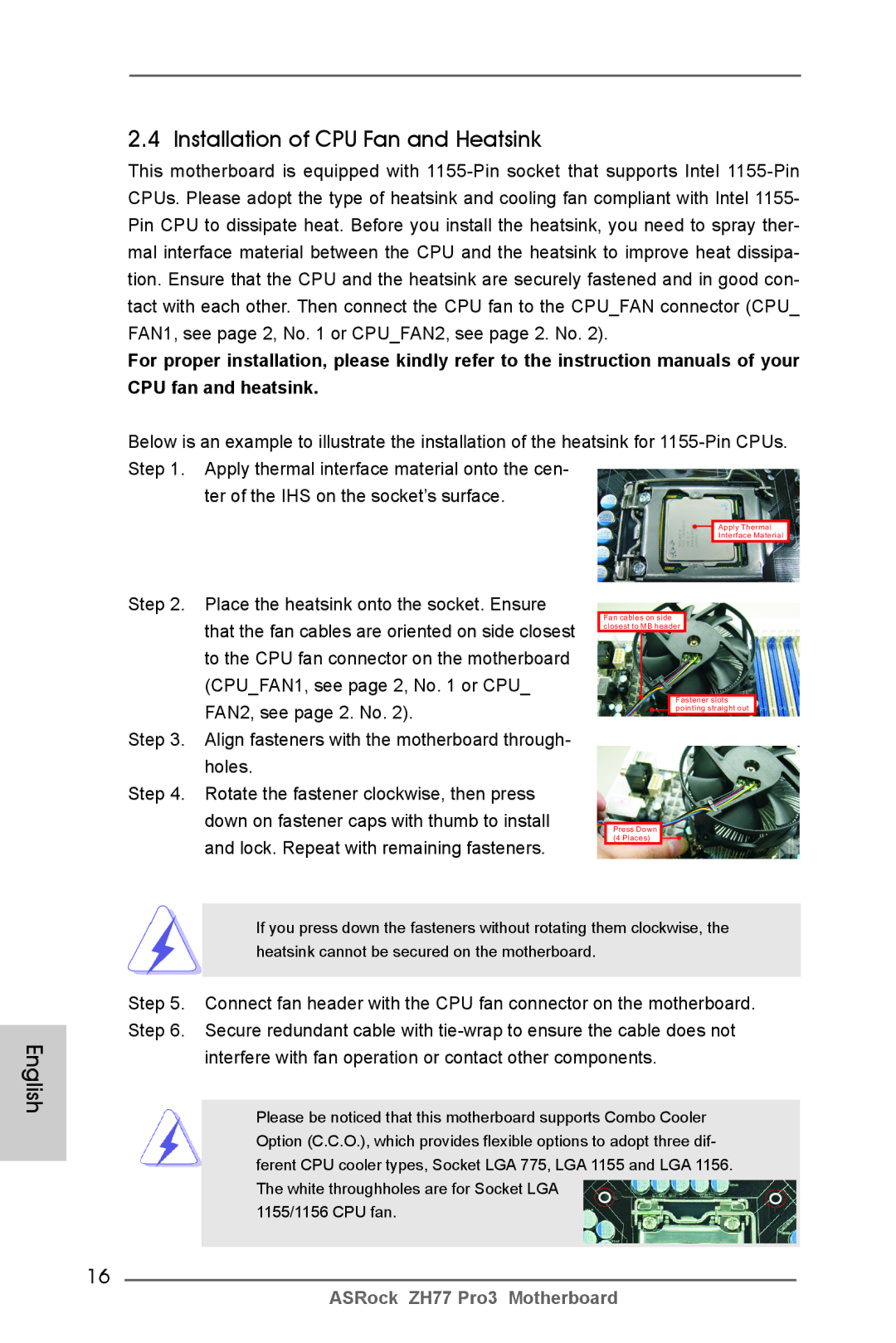 ASRock ZH77 Pro3 manual Installation of CPU Fan and Heatsink 