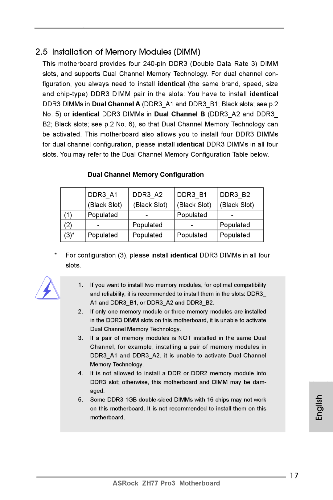 ASRock ZH77 Pro3 manual Installation of Memory Modules Dimm, Dual Channel Memory Configuration 